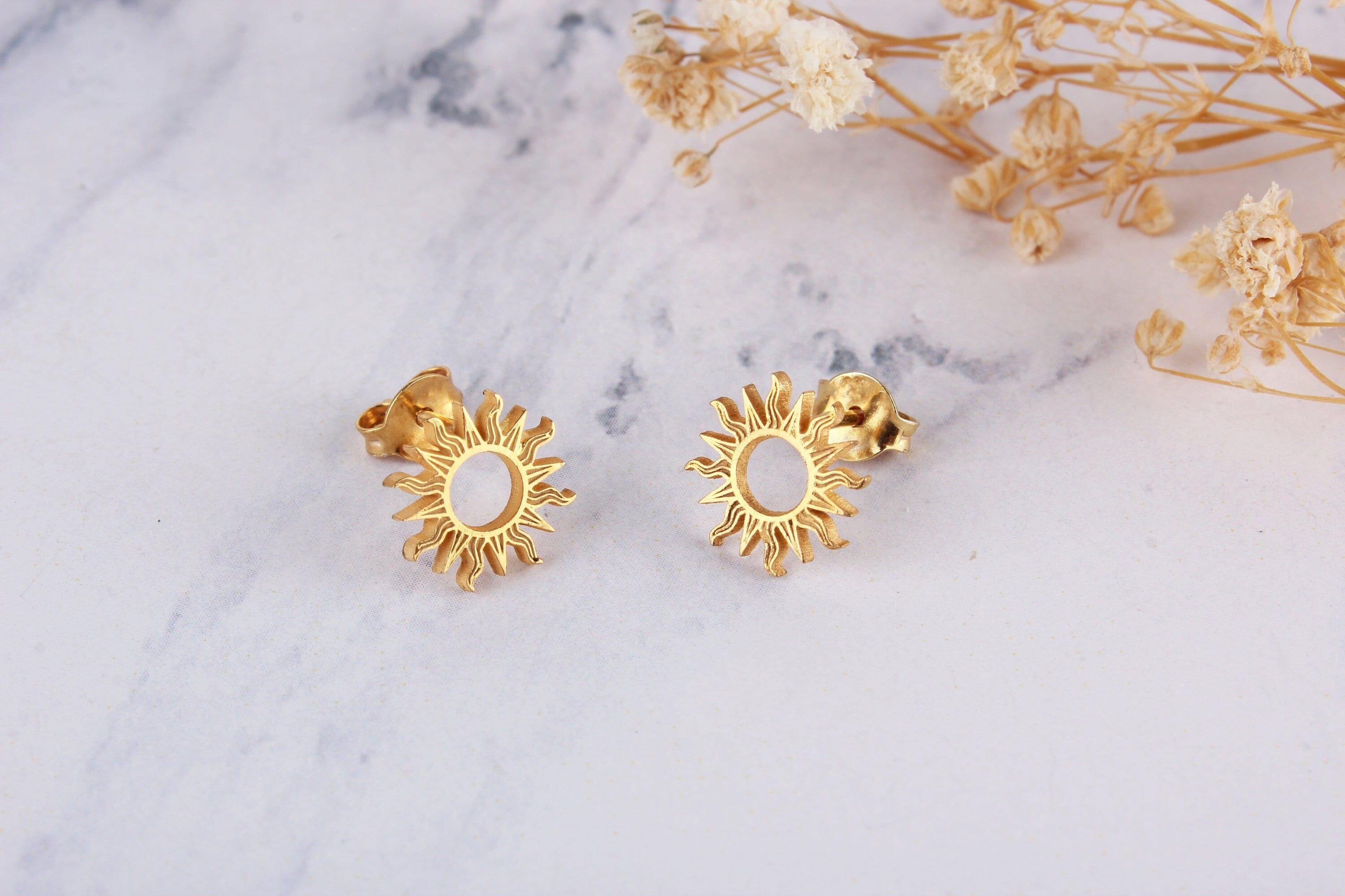 Dainty 14K Solid Gold Sun Stud Earrings - Perfect Celestial Gift for Her.