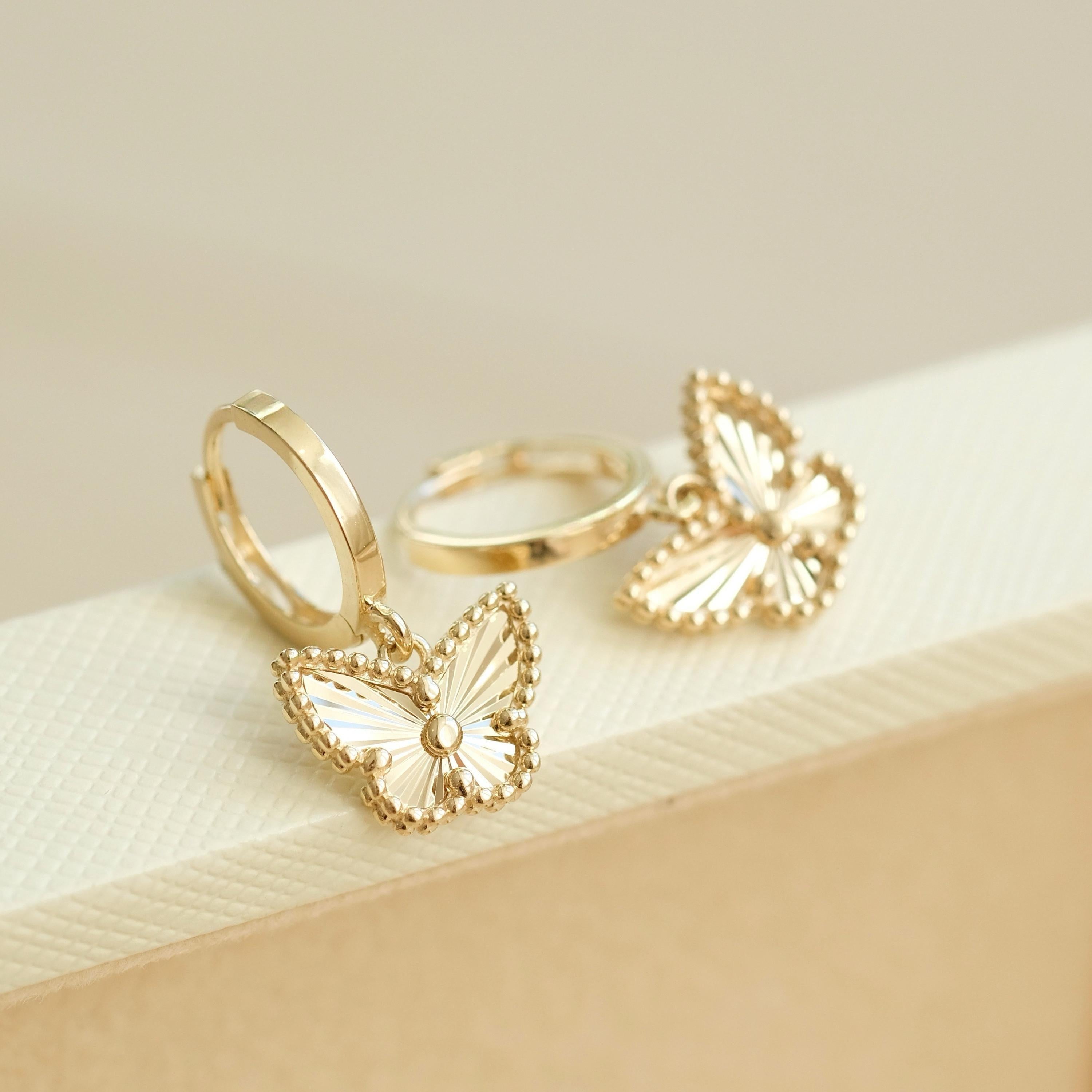 Dainty 14K Solid Gold Butterfly Huggie Hoop Earrings for Women.