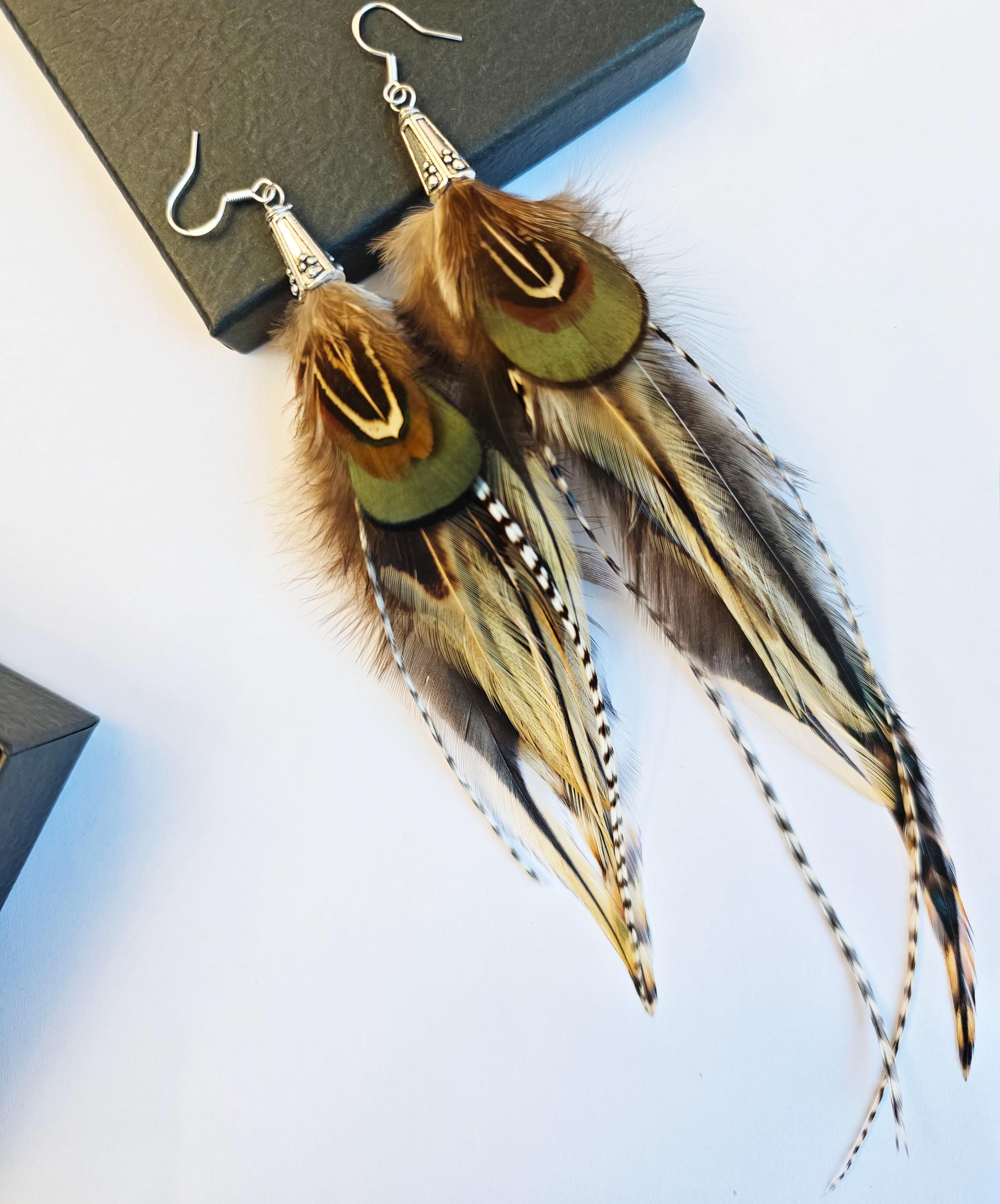 Locke Chicken Feathers Earring with Silver Hook, Party Earrings , Real Feather Earrings: Handmade Boho Style Emu & Rooster ,Gift for Her