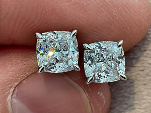 Lab Diamond 2.0 Carat Cushion Cut Stud Earrings: Platinum Plated Sterling Silver