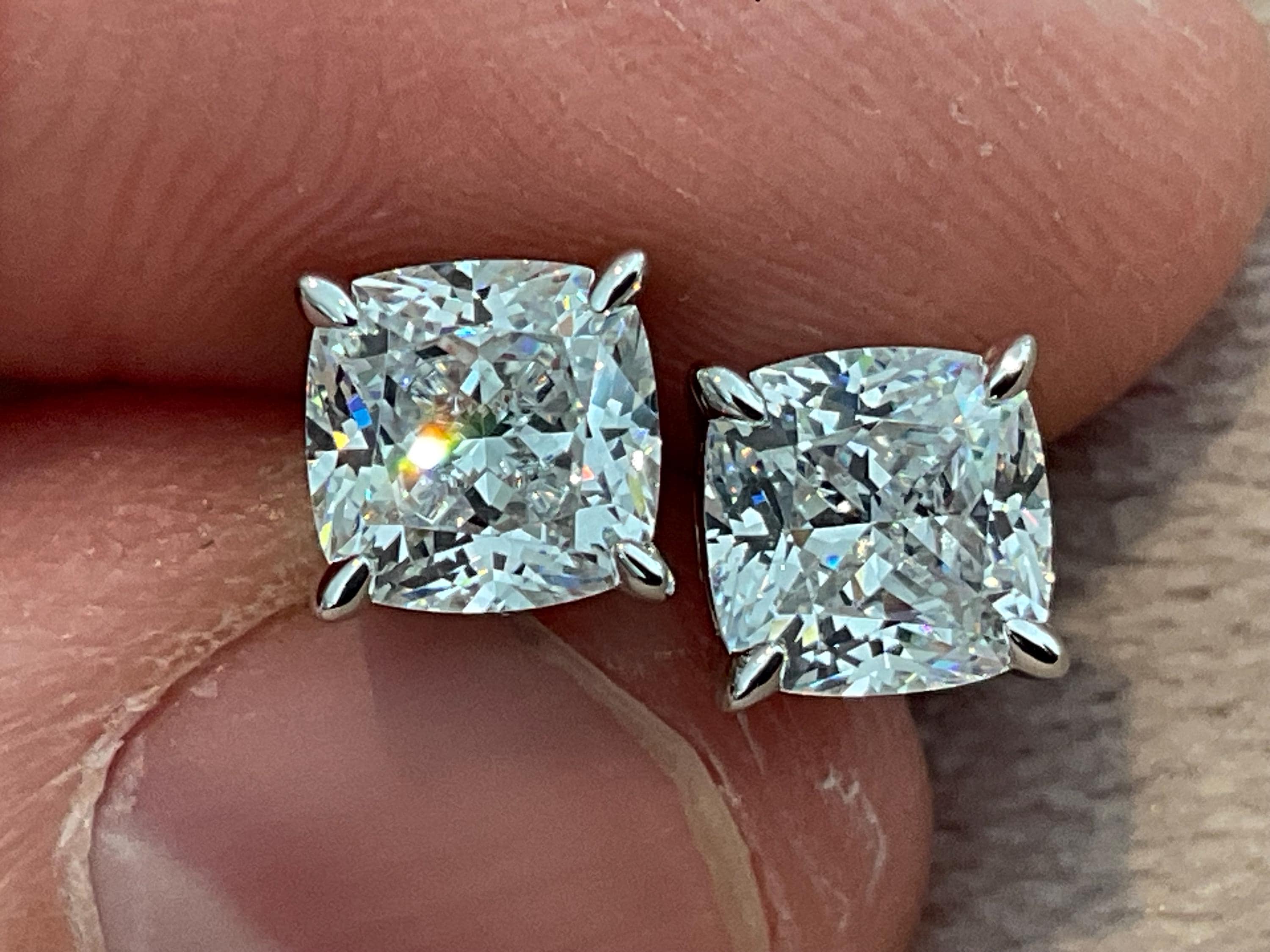 Lab Diamond 2.0 Carat Cushion Cut Stud Earrings: Platinum Plated Sterling Silver