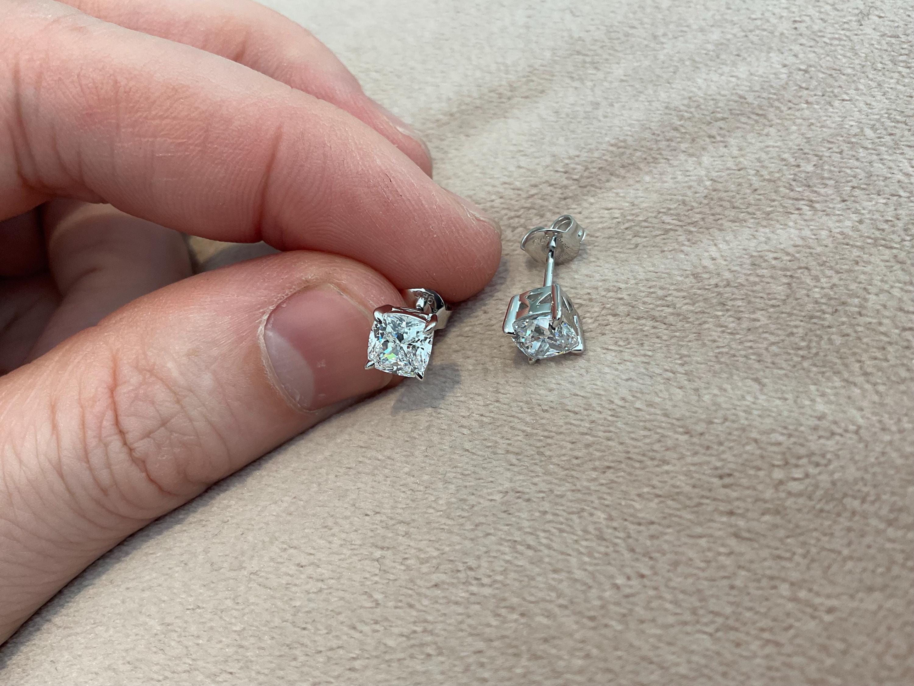 Lab Diamond 2.0 Carat Cushion Cut Stud Earrings: Platinum Plated Sterling Silver