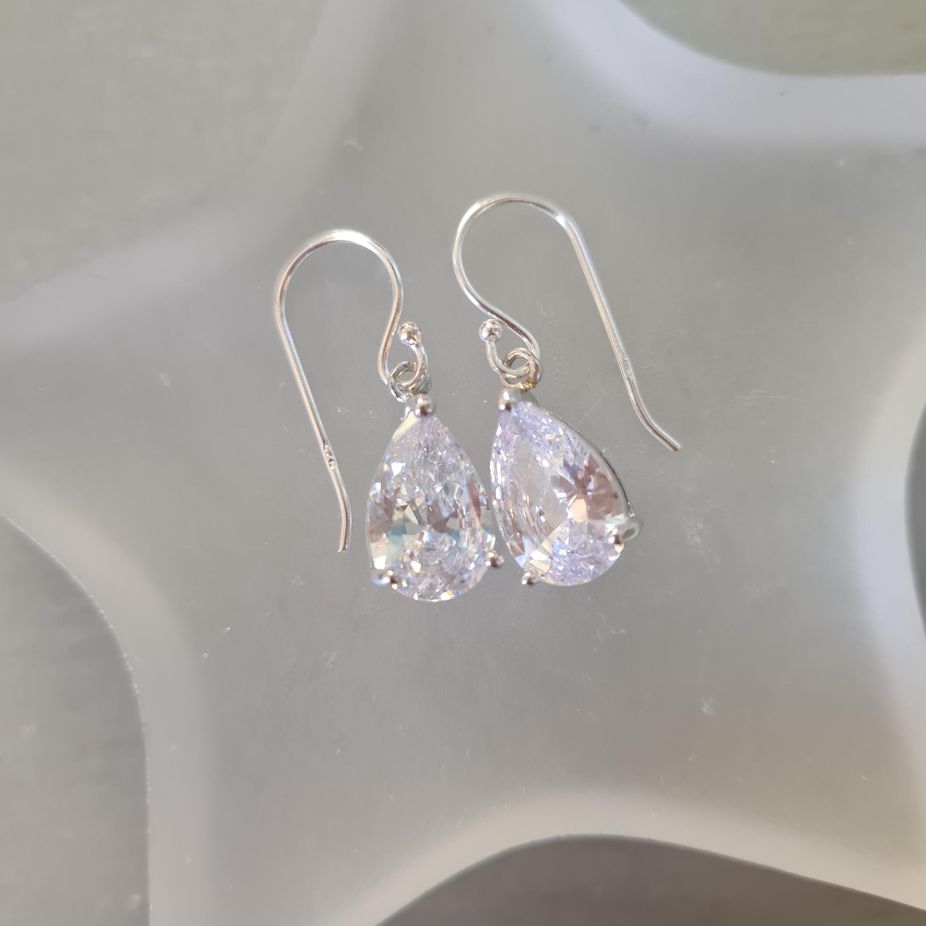 Small CZ Diamond Teardrop Earrings Sterling Silver Teardrop Wedding Earrings Dainty Crystal Drop Bridal Earrings Sparkly Prom Jewellery Gift