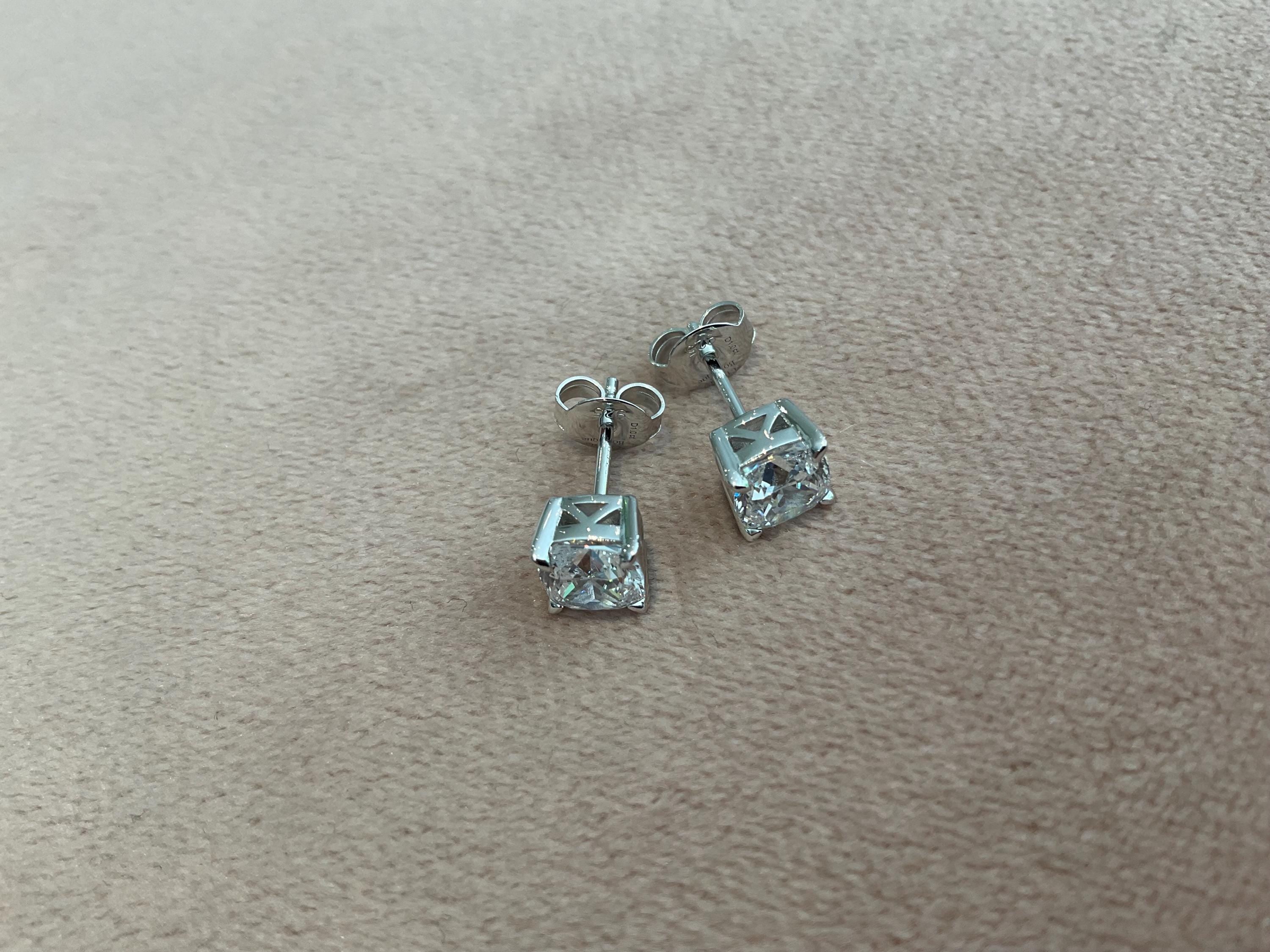 Lab Diamond 2.0 Carat Cushion Cut Stud Earrings: Platinum Plated Sterling Silver
