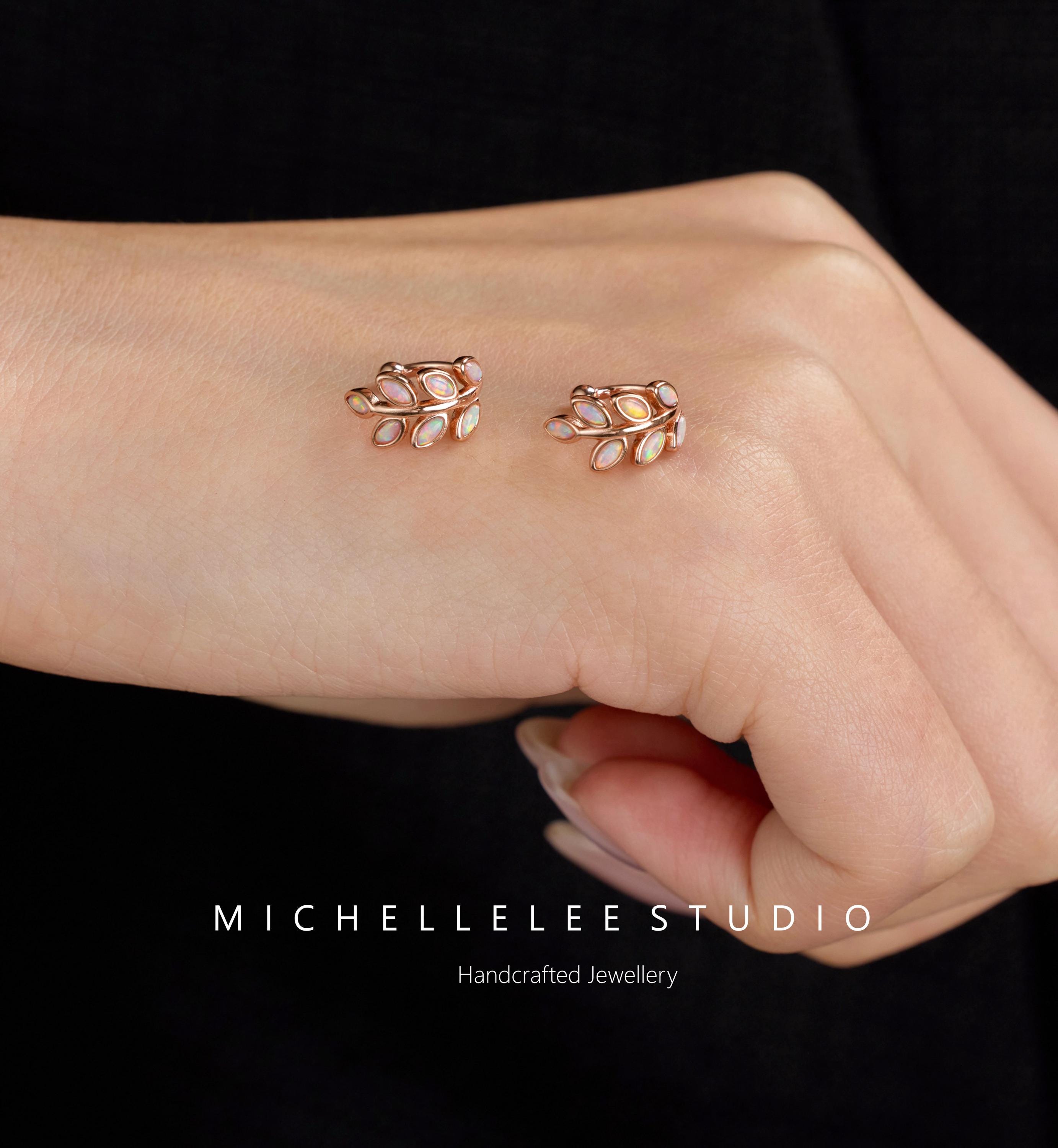 White Opal Leaf Ear Cuff, No Piercing Olive Branch Ear Wrap