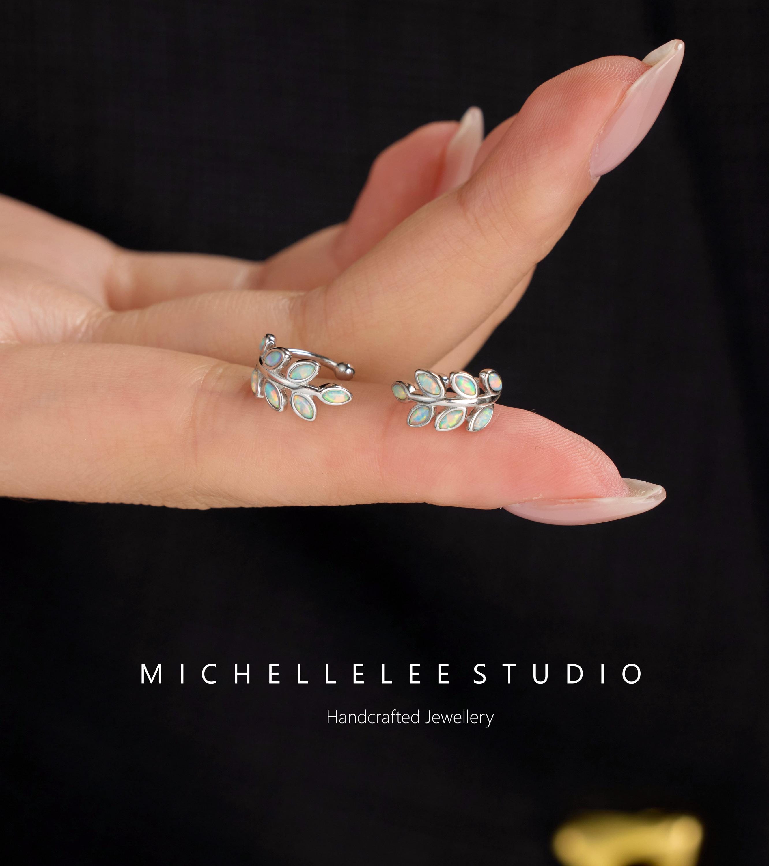 White Opal Leaf Ear Cuff, No Piercing Olive Branch Ear Wrap