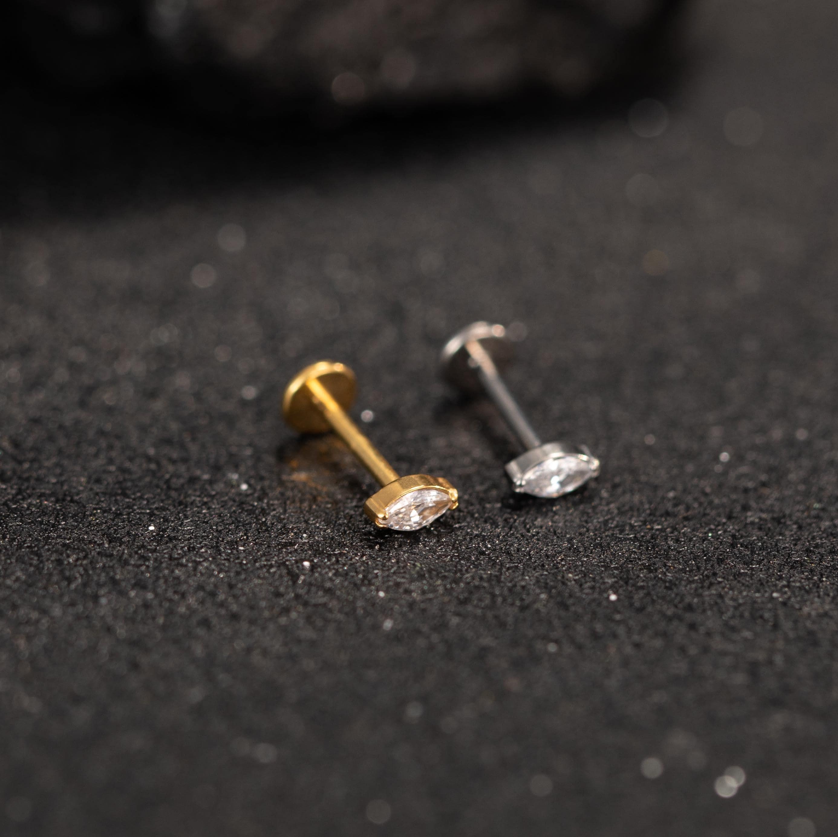Premium Implant Grade Titanium Marquise Threadless Push Pin Labret Earrings - Flat Back Design for Comfort and Style.