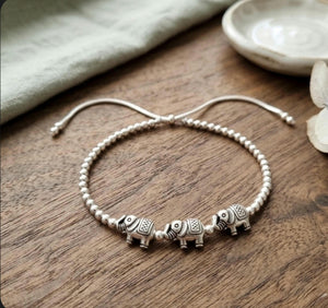 Charming Adjustable Lucky Elephant Bracelet & Anklet - Stylish Silver Bead Jewelry for Women & Girls.