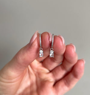 Gold Baguette Earrings, Baguette Dangle Hoops, Emerald Cut Dangle Earrings, Silver Diamond Simulant Huggie Earrings, Crystal Drop Earrings