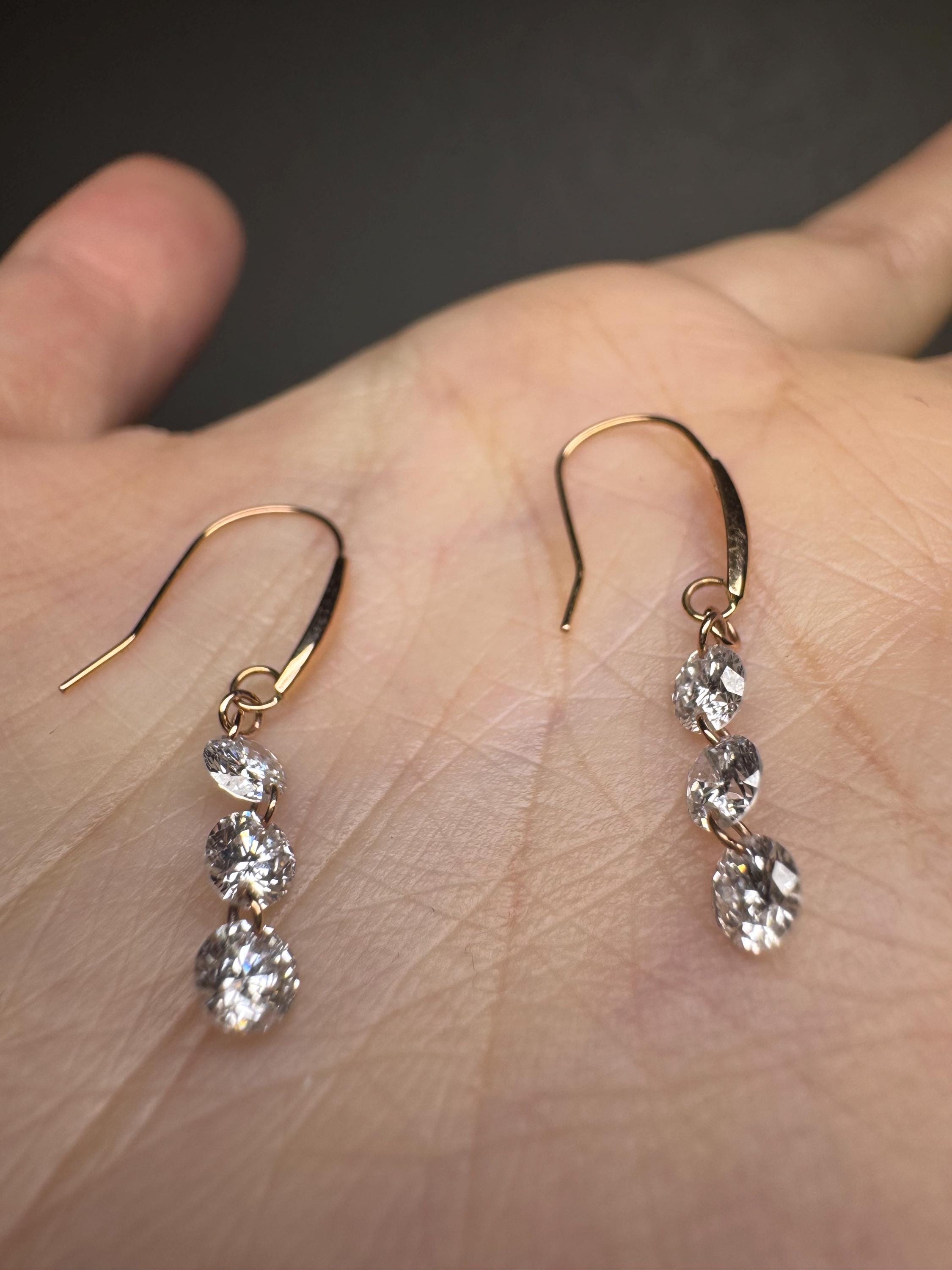 18K Solid Gold Triple Lab Diamond Drop Hook Earrings | Dangling Diamond Earrings, Dangle , Hook, Anniversary, Birthday, Valentine’S Day Gift