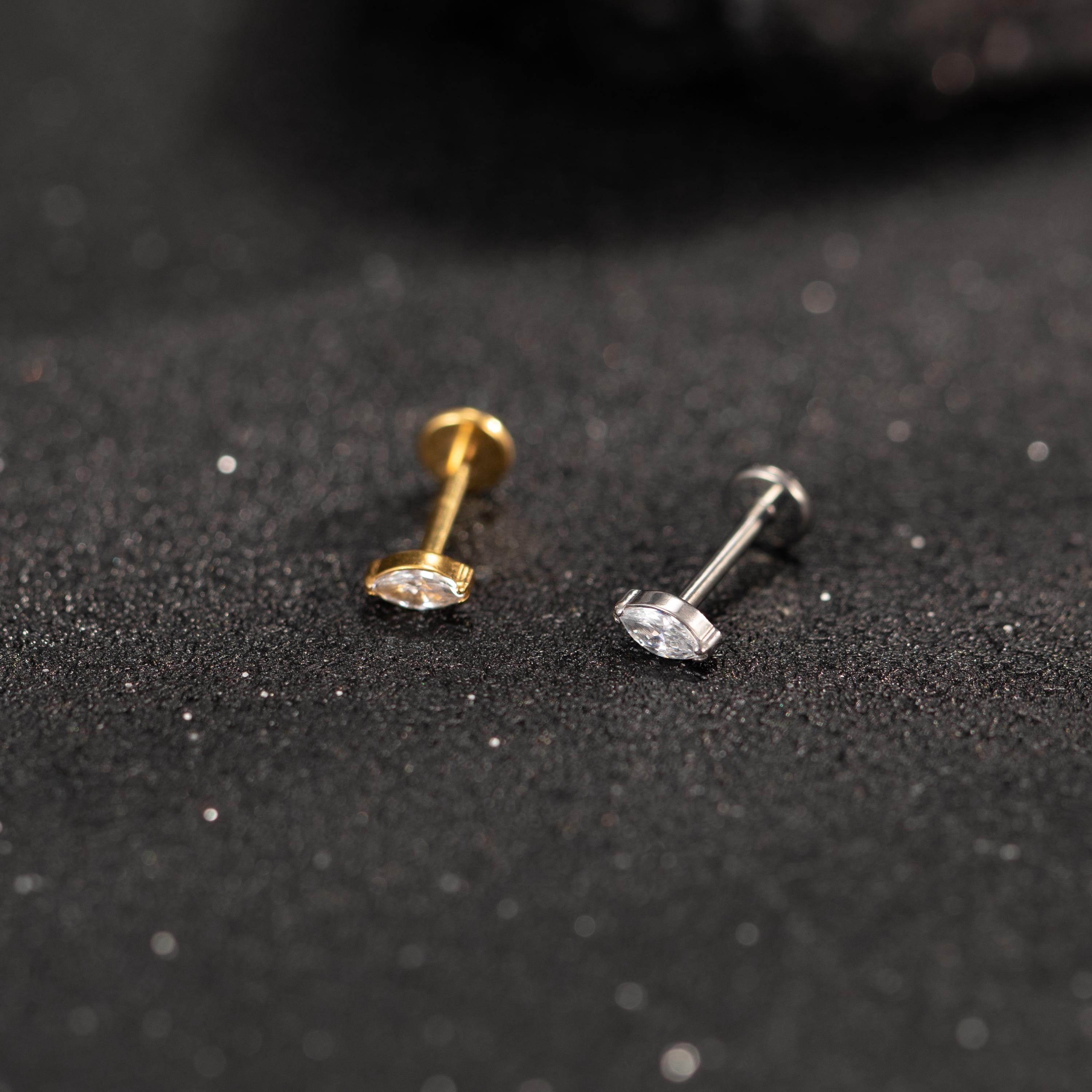 Premium Implant Grade Titanium Marquise Threadless Push Pin Labret Earrings - Flat Back Design for Comfort and Style.