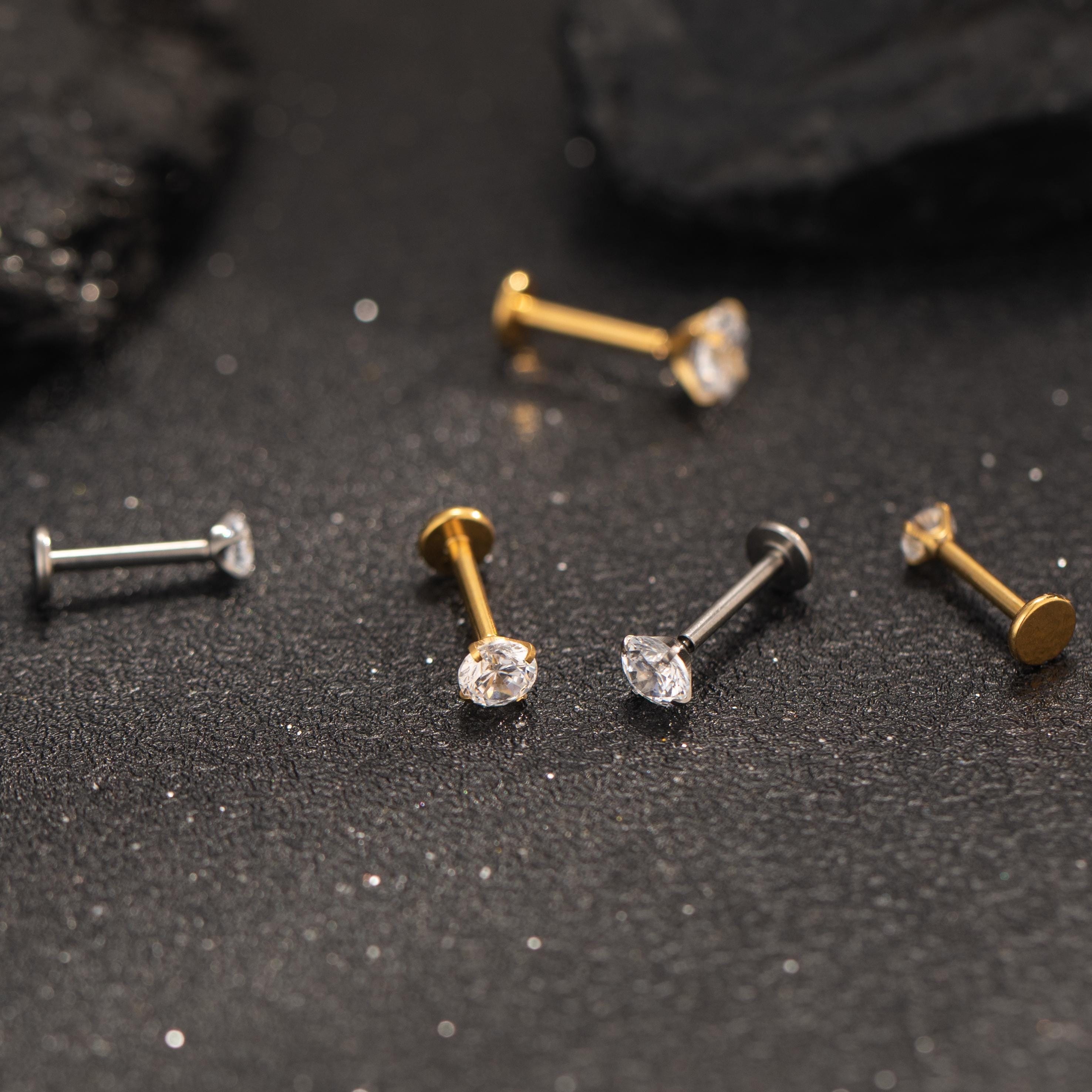 Titanium Tiny CZ Threadless Push Pin Labret Flat Back Earring