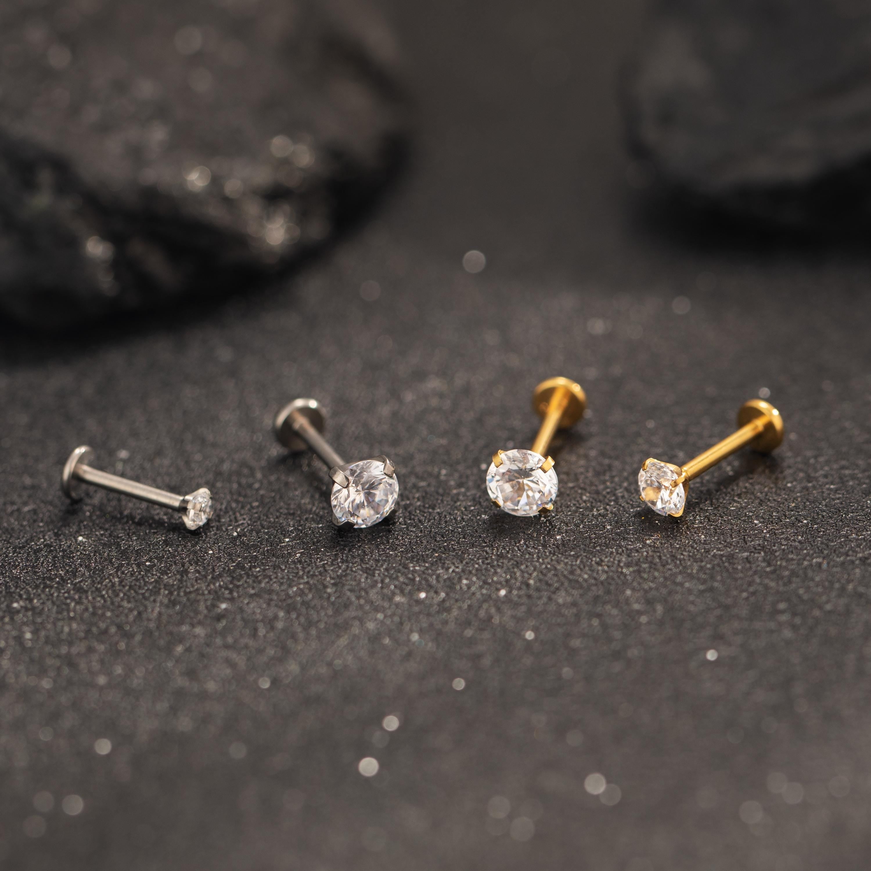 Titanium Tiny CZ Threadless Push Pin Labret Flat Back Earring
