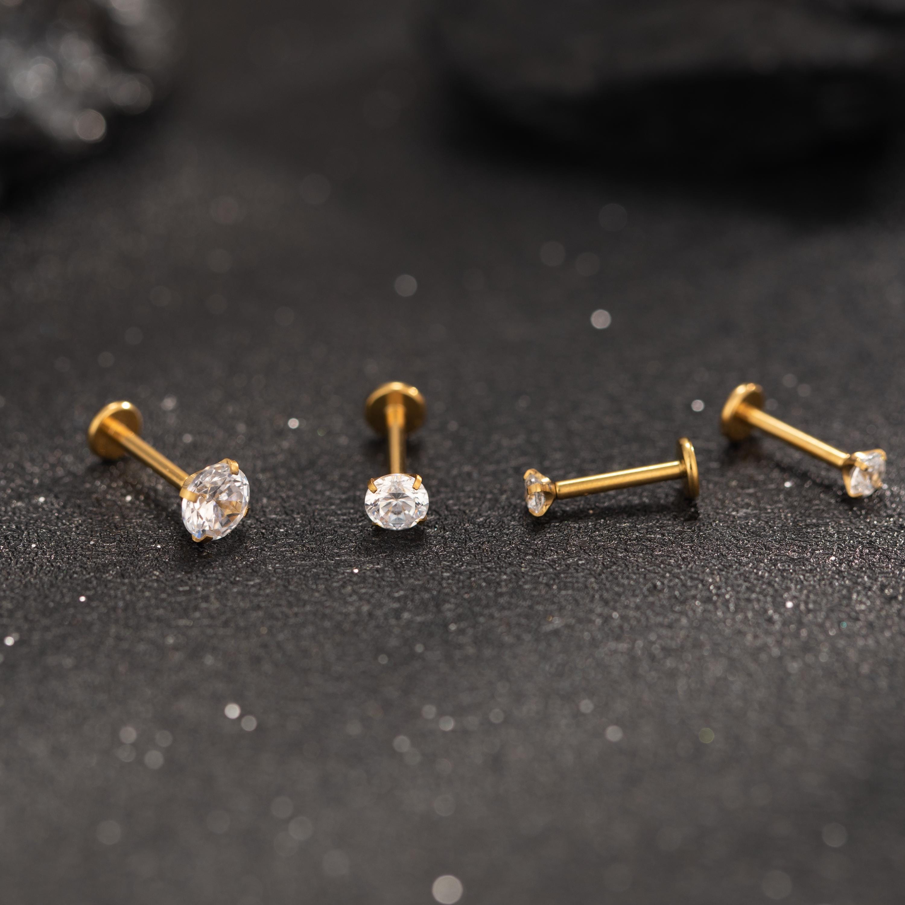 Titanium Tiny CZ Threadless Push Pin Labret Flat Back Earring