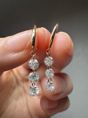 18K Solid Gold Triple Lab Diamond Drop Hook Earrings | Dangling Diamond Earrings, Dangle , Hook, Anniversary, Birthday, Valentine’S Day Gift