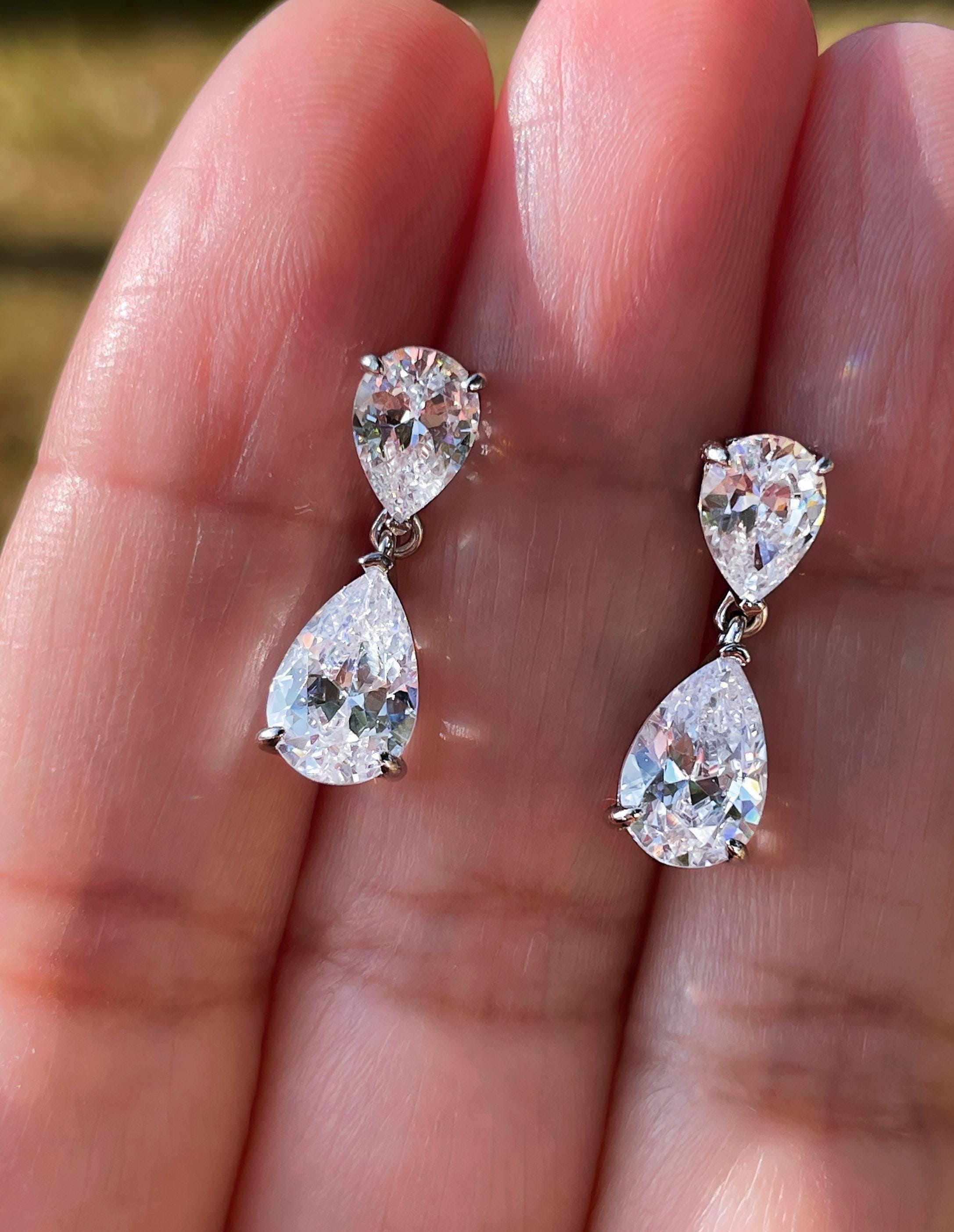Pear Moissanite Drop Earrings, White Gold Moissanite Dangle Earrings, Sparkly Bridal Wedding Jewelry, Anniversary Gift for Her