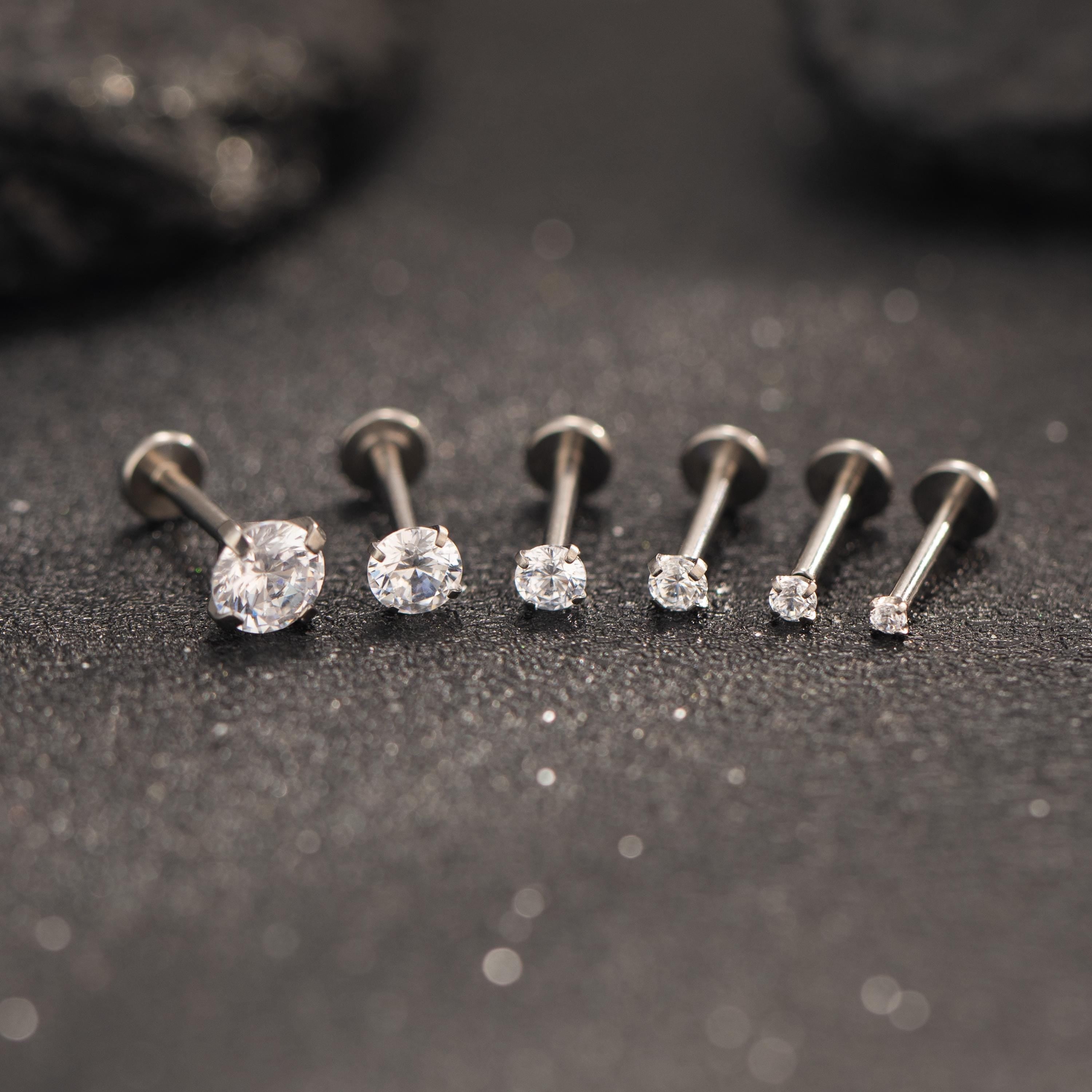 Titanium Tiny CZ Threadless Push Pin Labret Flat Back Earring