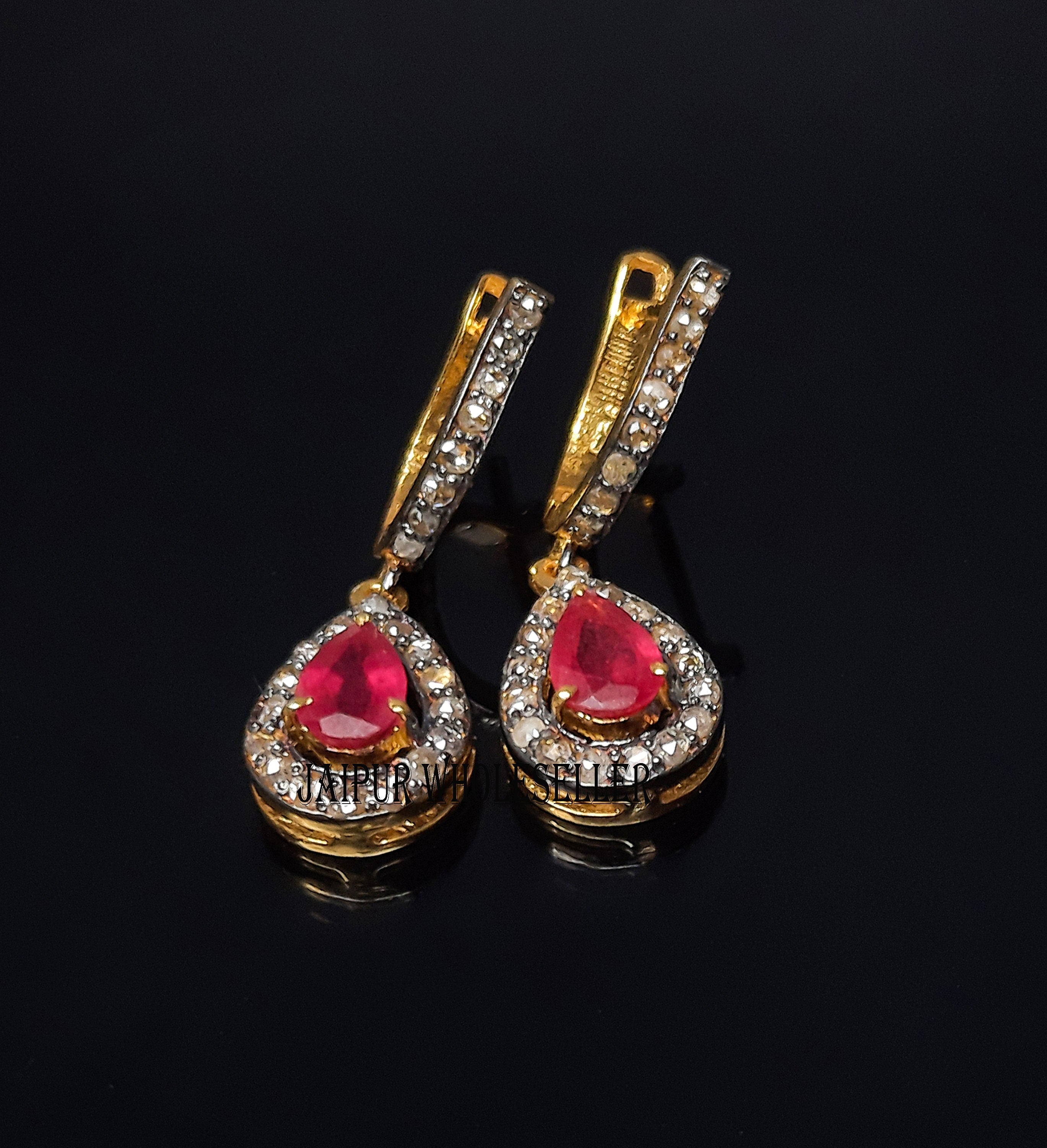 Pear Ruby Diamond Pave Sterling Silver Stud Earrings