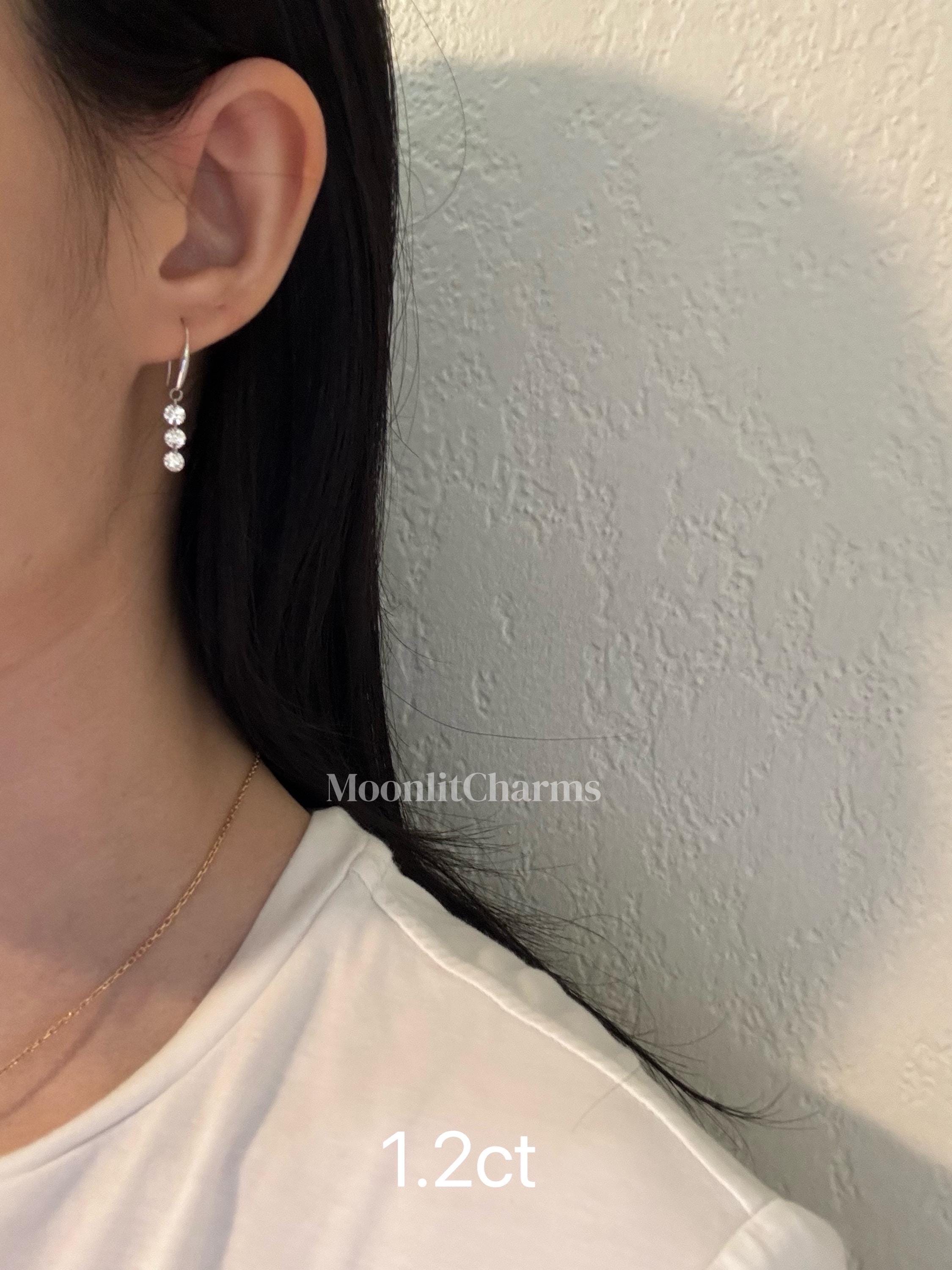 18K Solid Gold Triple Lab Diamond Drop Hook Earrings | Dangling Diamond Earrings, Dangle , Hook, Anniversary, Birthday, Valentine’S Day Gift