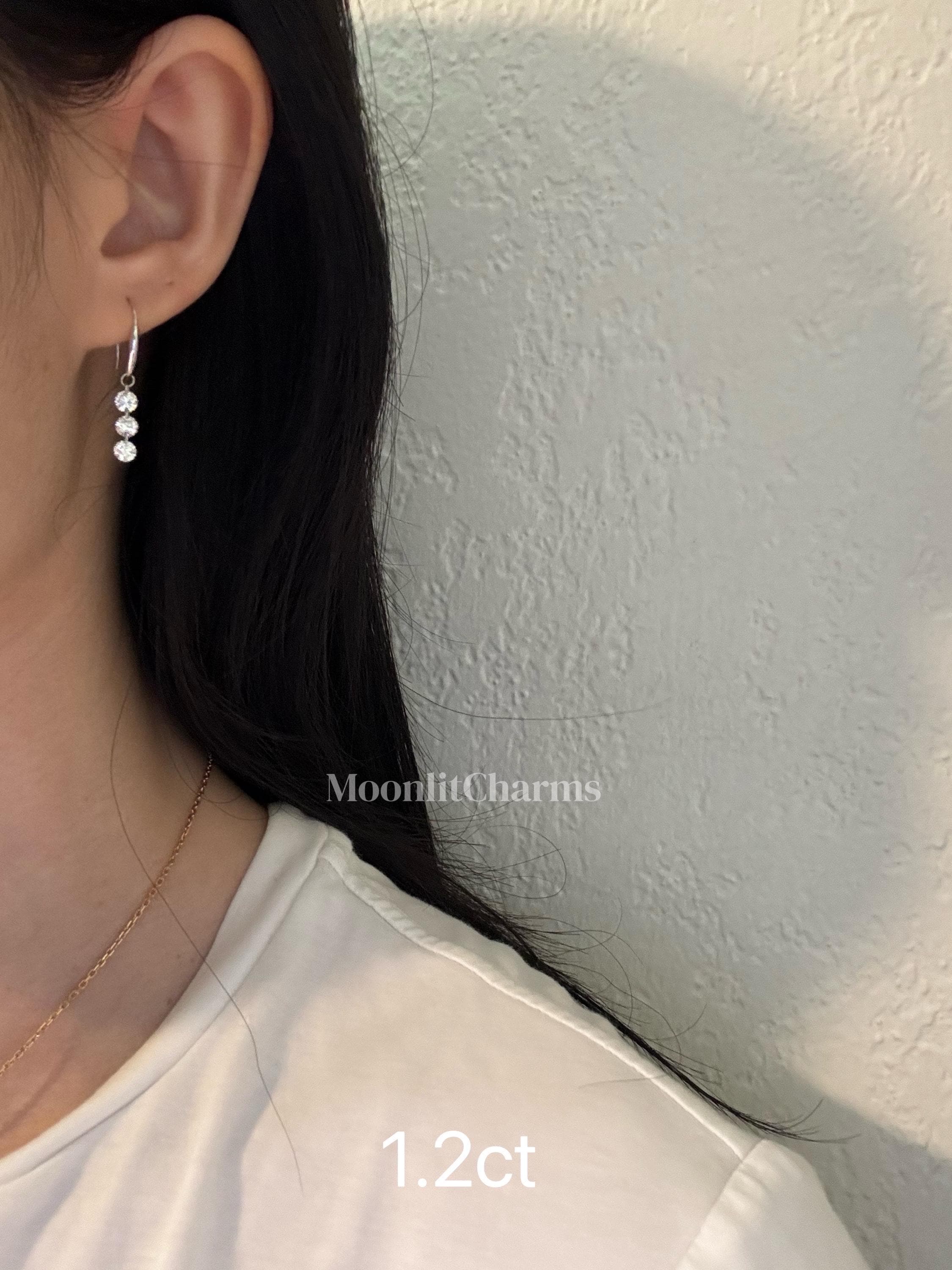 18K Solid Gold Triple Lab Diamond Drop Hook Earrings | Dangling Diamond Earrings, Dangle , Hook, Anniversary, Birthday, Valentine’S Day Gift
