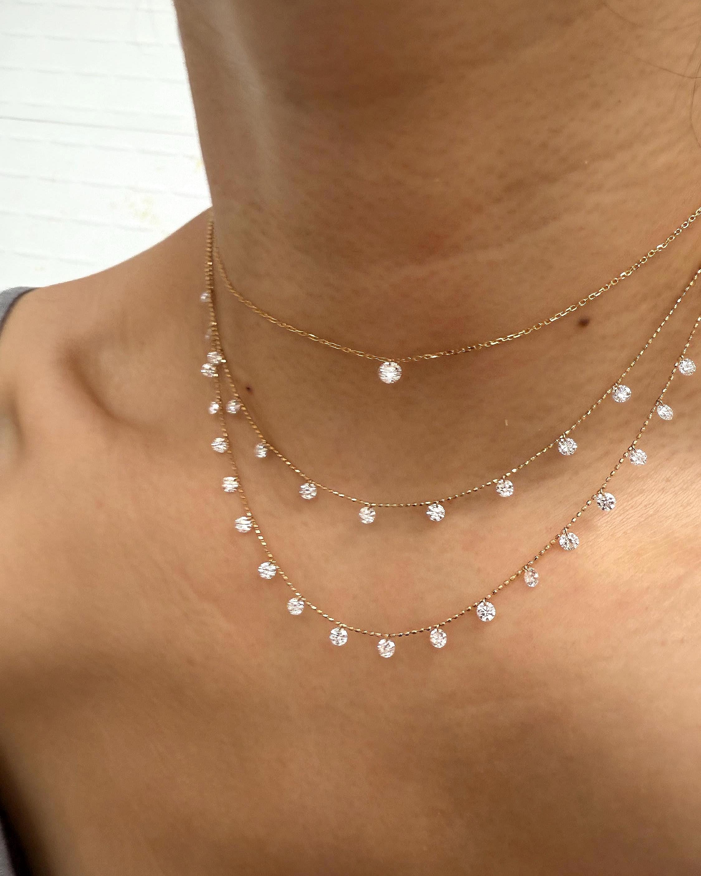 18K Solid Gold Pierced Diamond Necklace｜0.25Ct Pierced Diamond Choker｜Drilled Lab Diamond Pendant｜Delicate Fine Jewellery