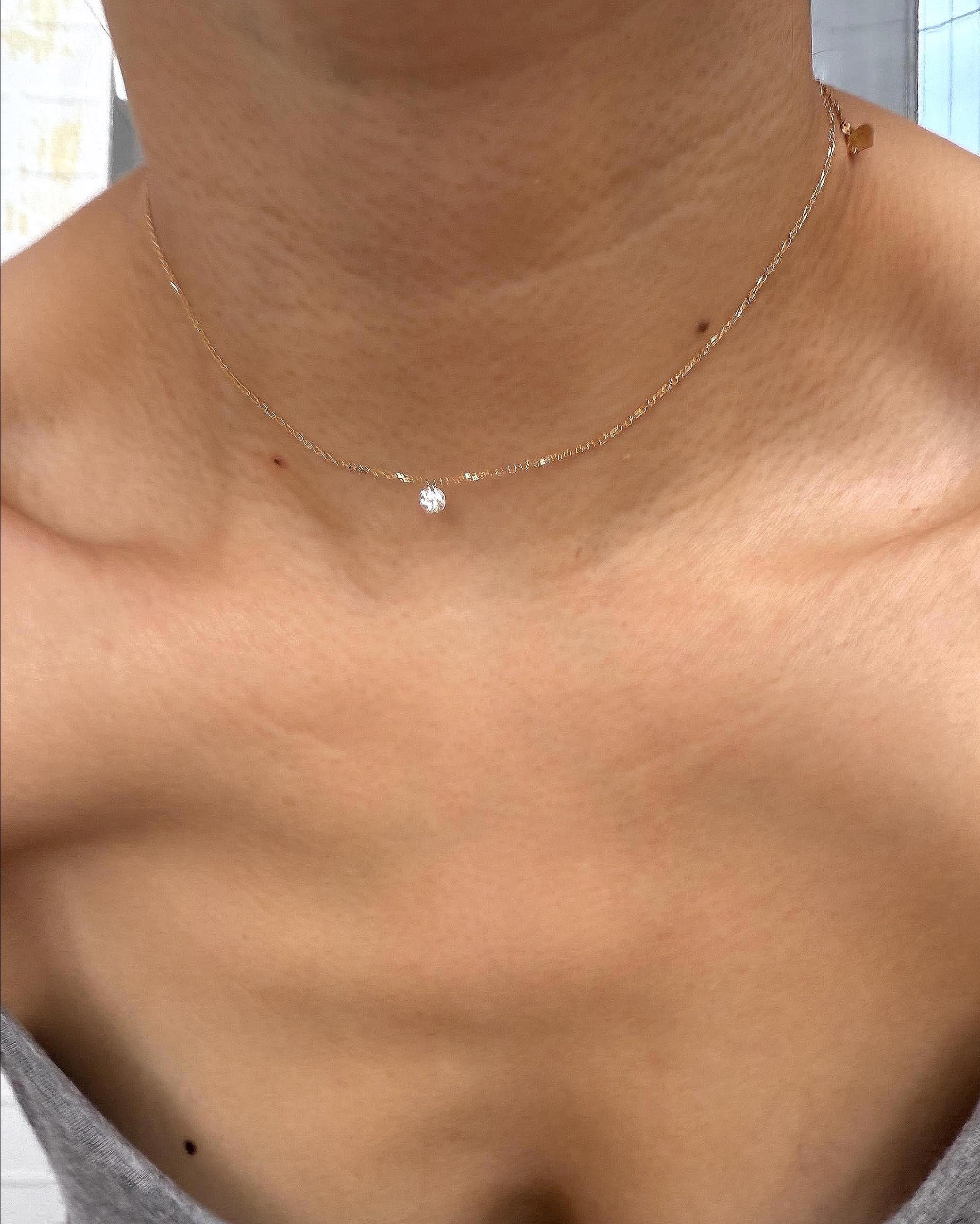 18K Solid Gold Pierced Diamond Necklace｜0.25Ct Pierced Diamond Choker｜Drilled Lab Diamond Pendant｜Delicate Fine Jewellery