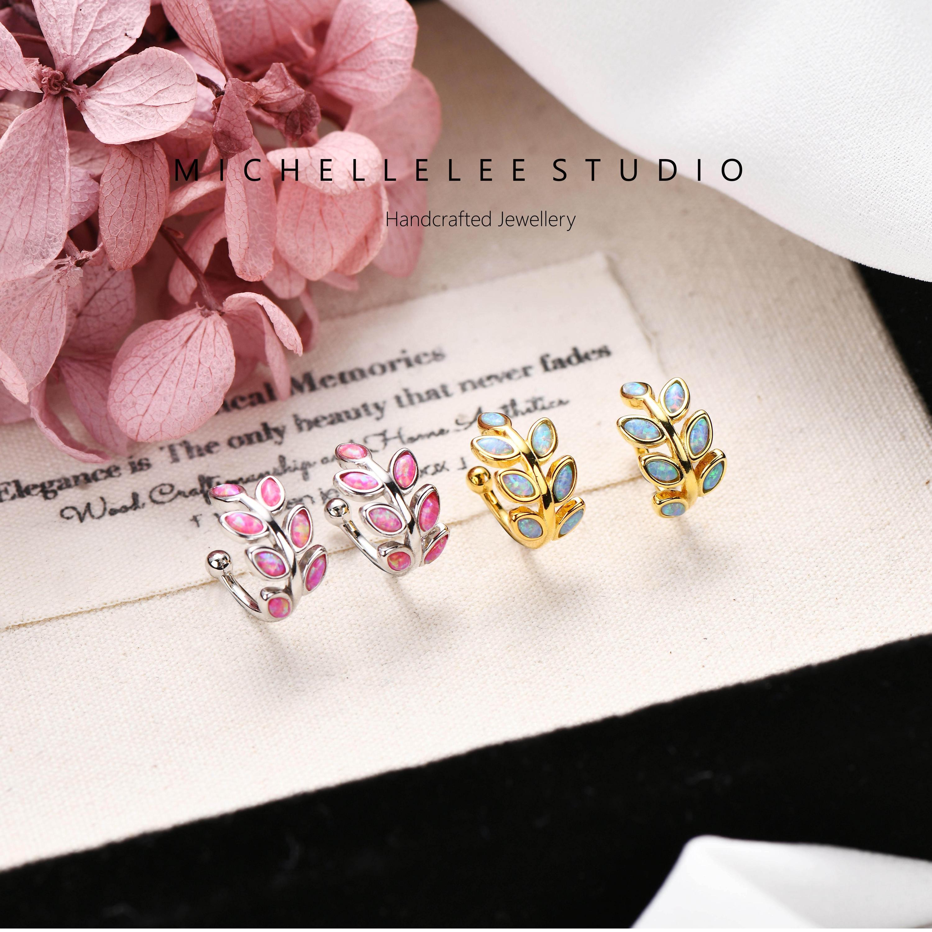 White Opal Leaf Ear Cuff, No Piercing Olive Branch Ear Wrap