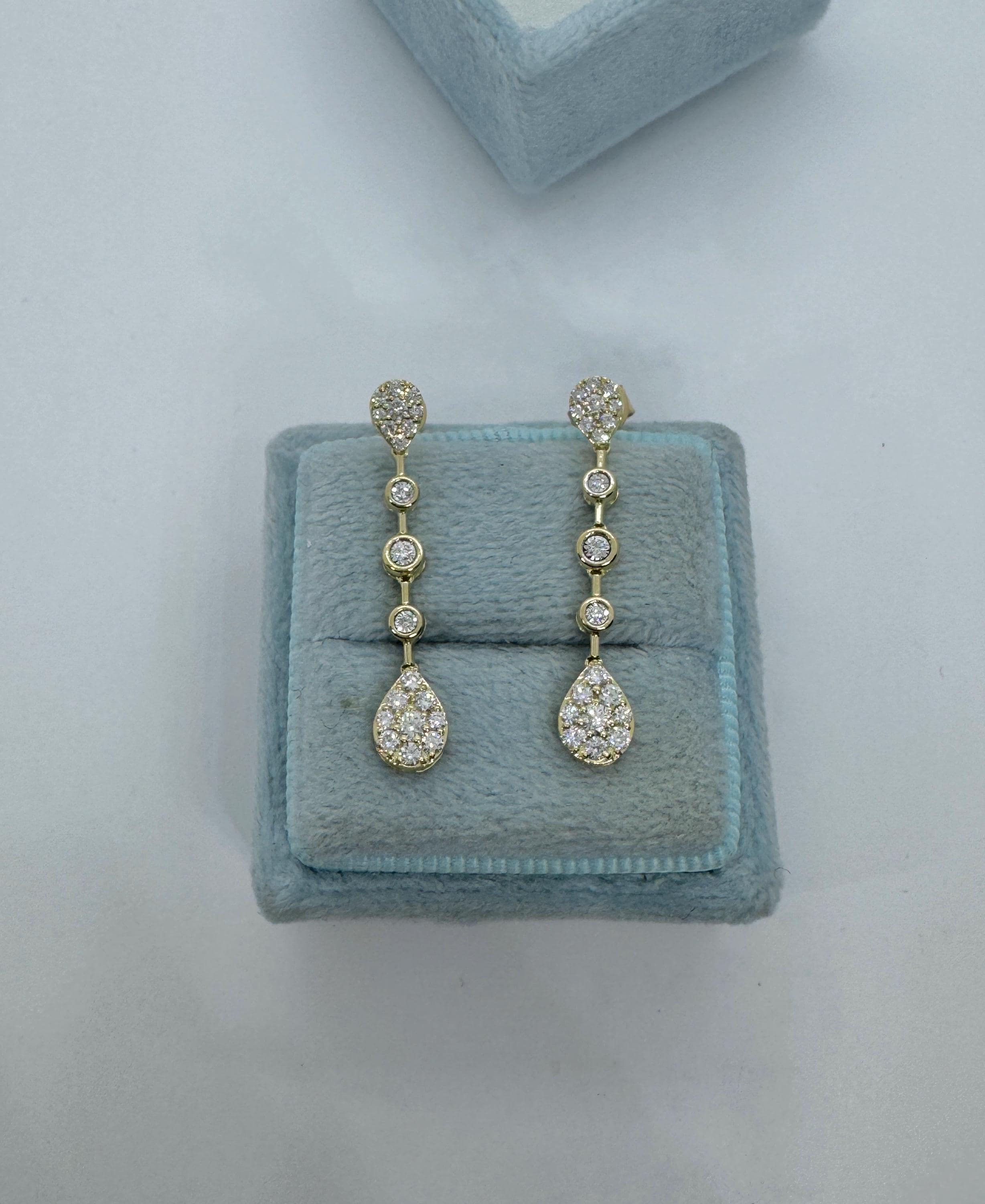 Linear Diamond Dangle Earrings, Dangling Pear Drop Diamond Earrings, 14K Yellow Gold Diamond Drop Earrings