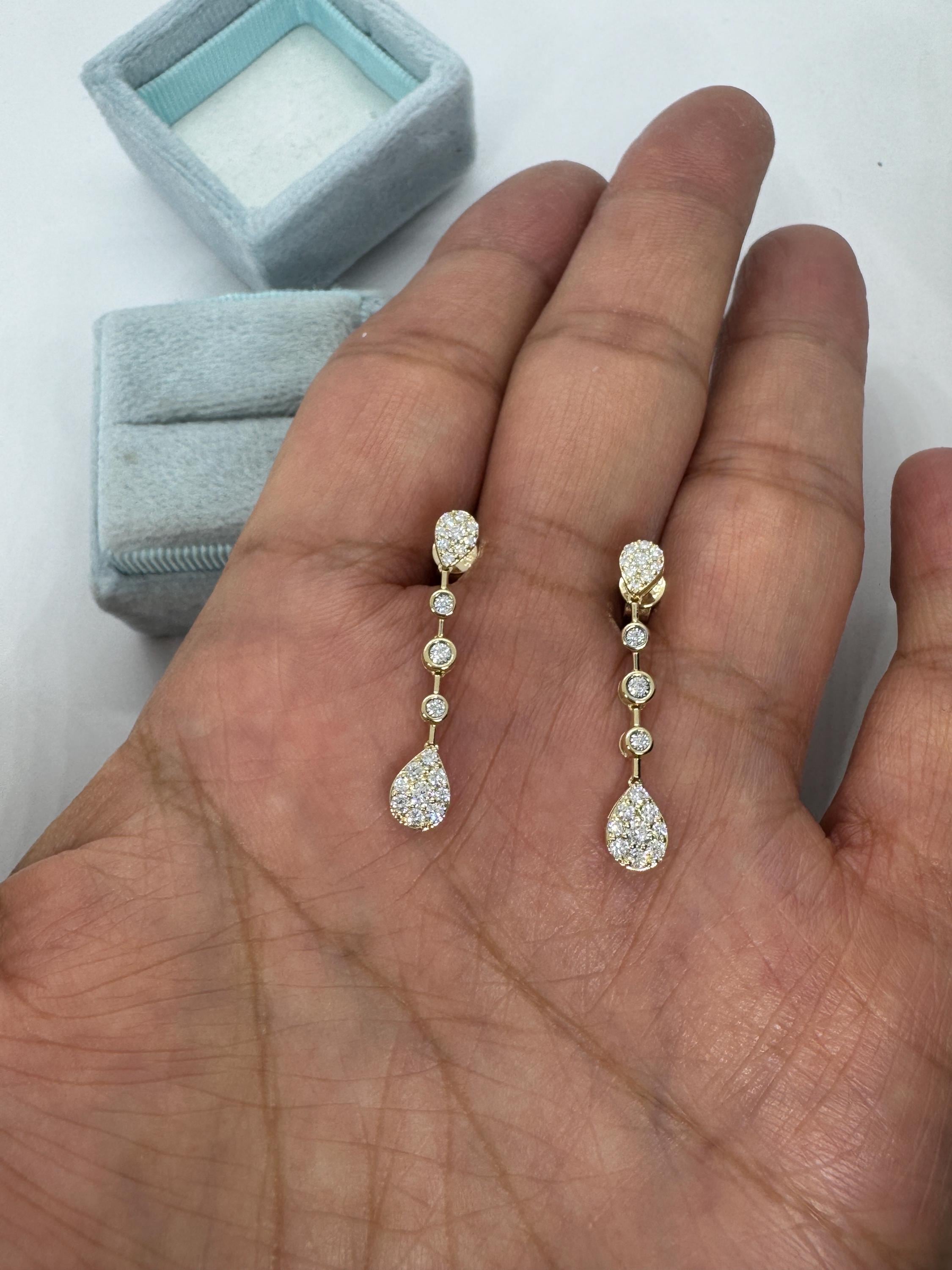 Linear Diamond Dangle Earrings, Dangling Pear Drop Diamond Earrings, 14K Yellow Gold Diamond Drop Earrings