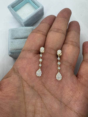 Linear Diamond Dangle Earrings, Dangling Pear Drop Diamond Earrings, 14K Yellow Gold Diamond Drop Earrings