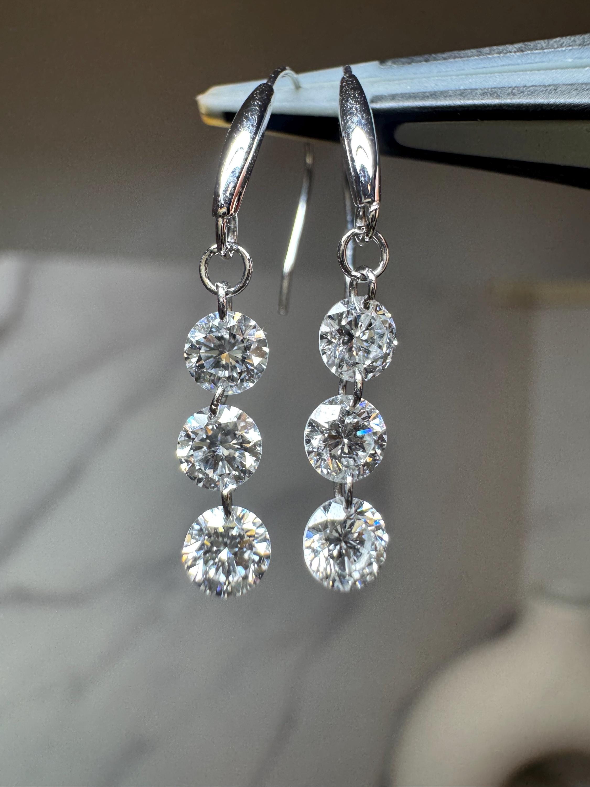 18K Solid Gold Triple Lab Diamond Drop Hook Earrings | Dangling Diamond Earrings, Dangle , Hook, Anniversary, Birthday, Valentine’S Day Gift