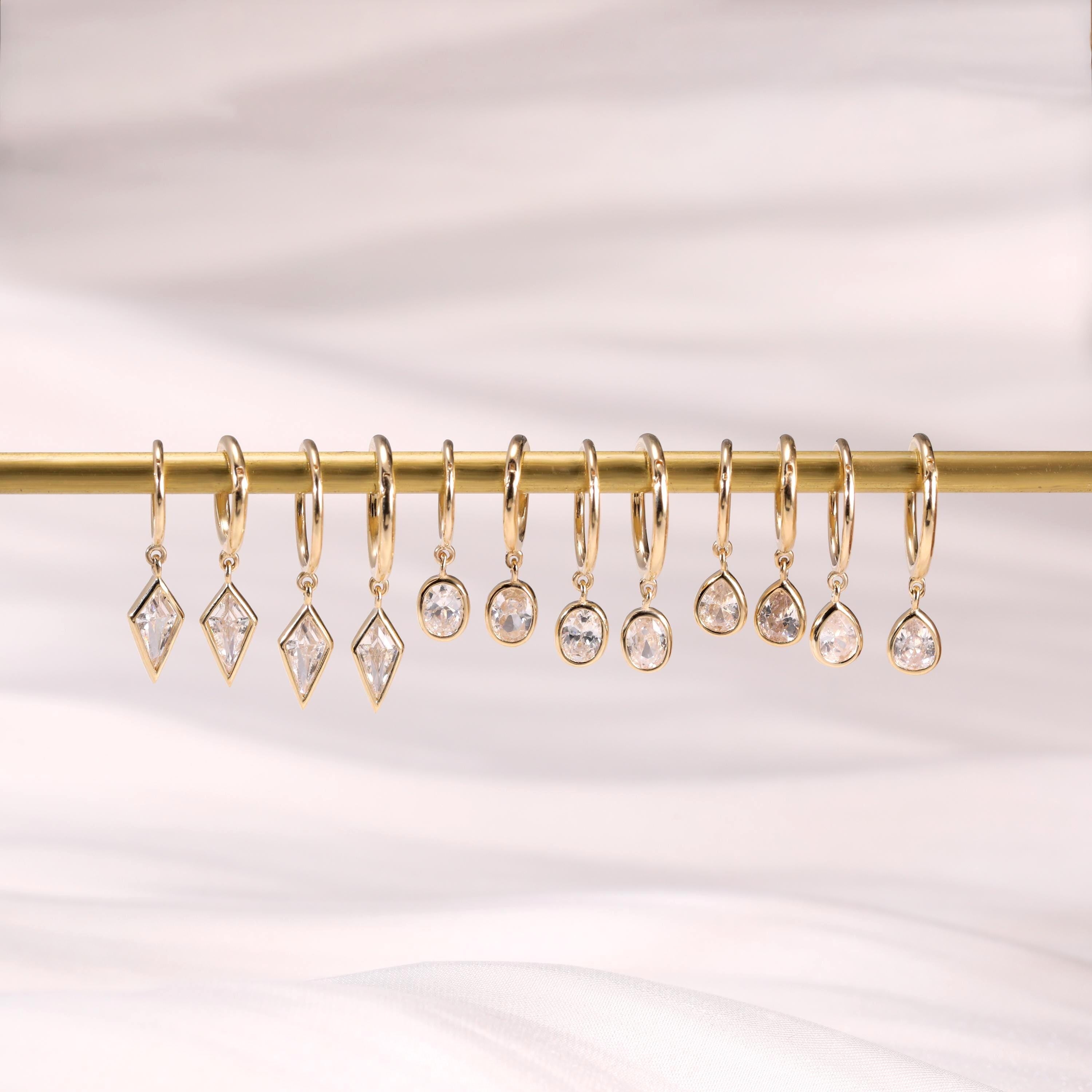 14K Solid Gold Dangle Charm Hoop Earring Dainty Drop Earring Dangle Rhombus Oval Dangling Charm Clicker Dangle Earring Cartilage Hoop 16G