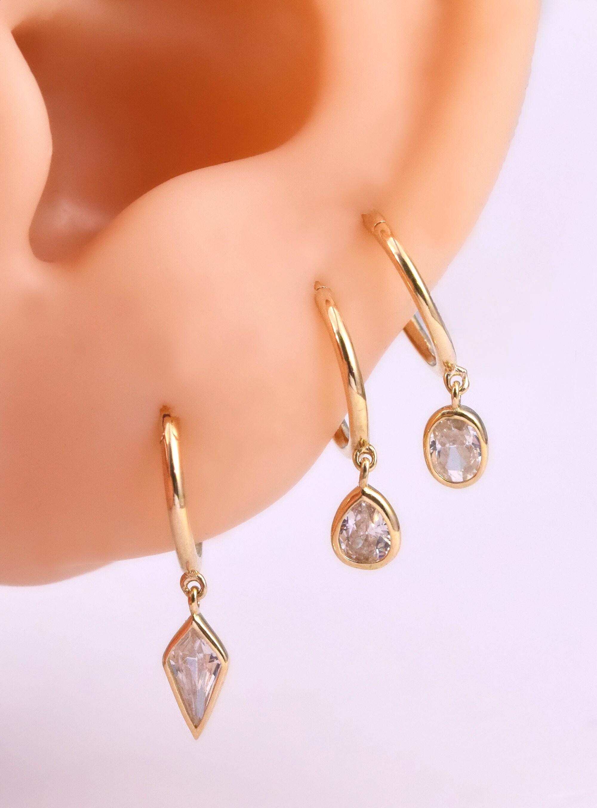 14K Solid Gold Dangle Charm Hoop Earring Dainty Drop Earring Dangle Rhombus Oval Dangling Charm Clicker Dangle Earring Cartilage Hoop 16G