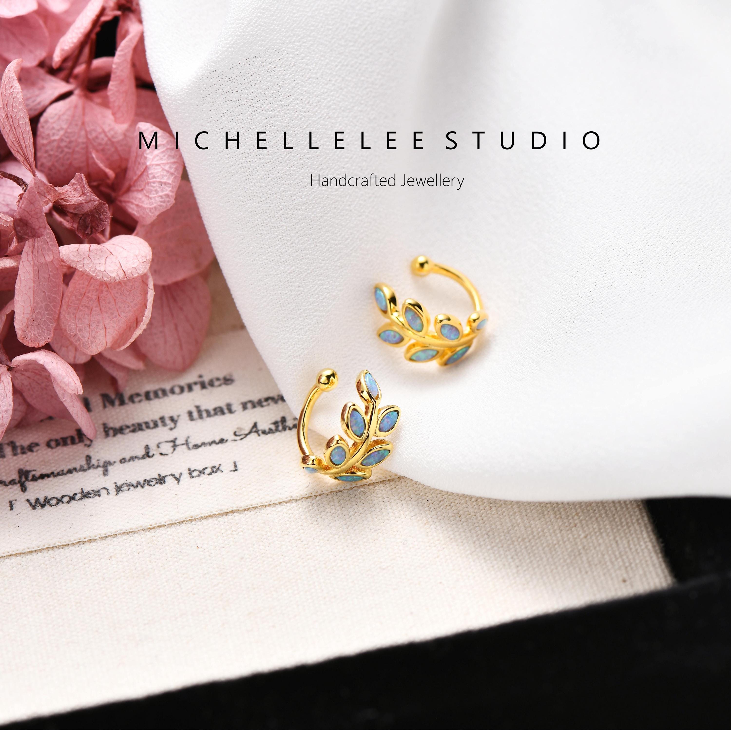 White Opal Leaf Ear Cuff, No Piercing Olive Branch Ear Wrap
