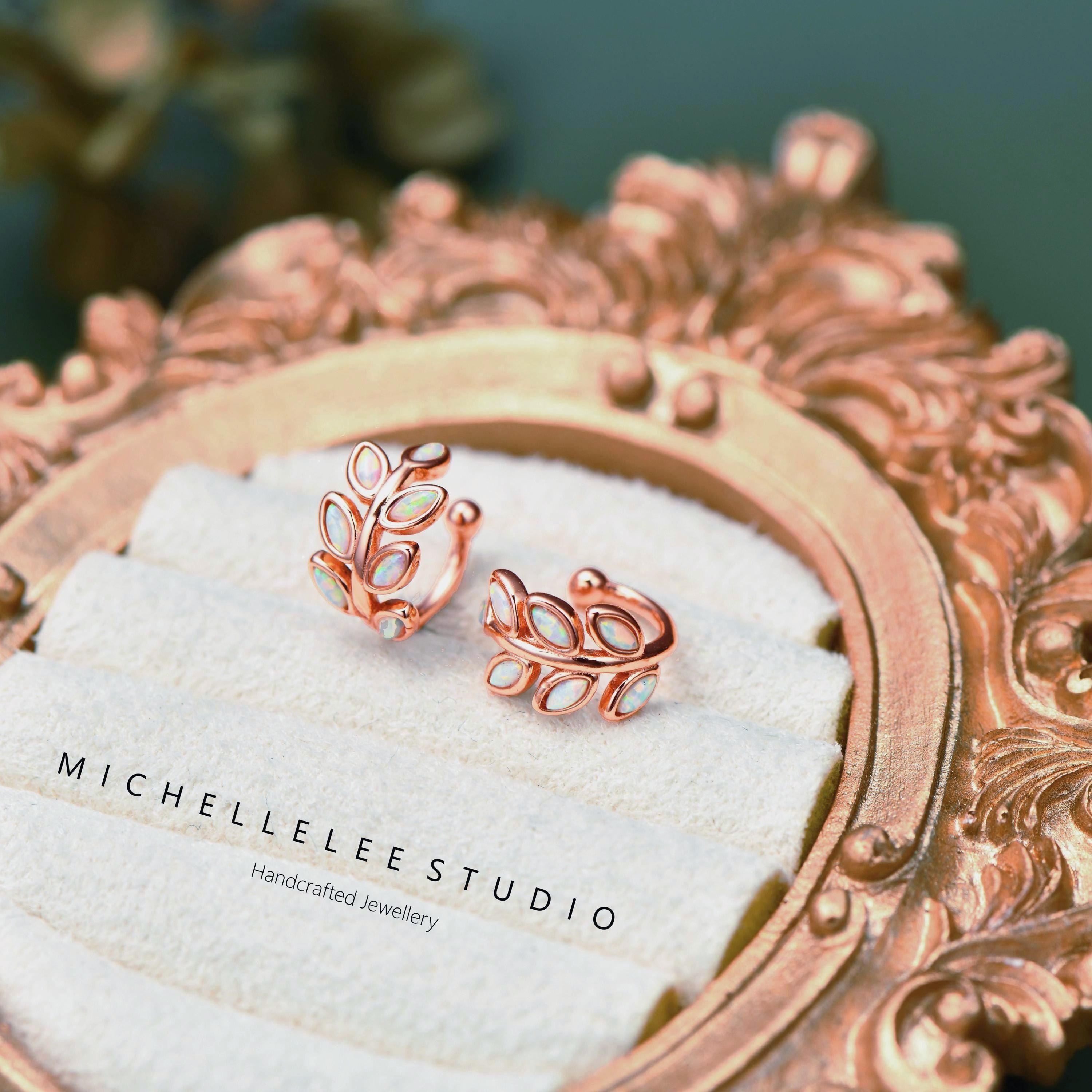 White Opal Leaf Ear Cuff, No Piercing Olive Branch Ear Wrap