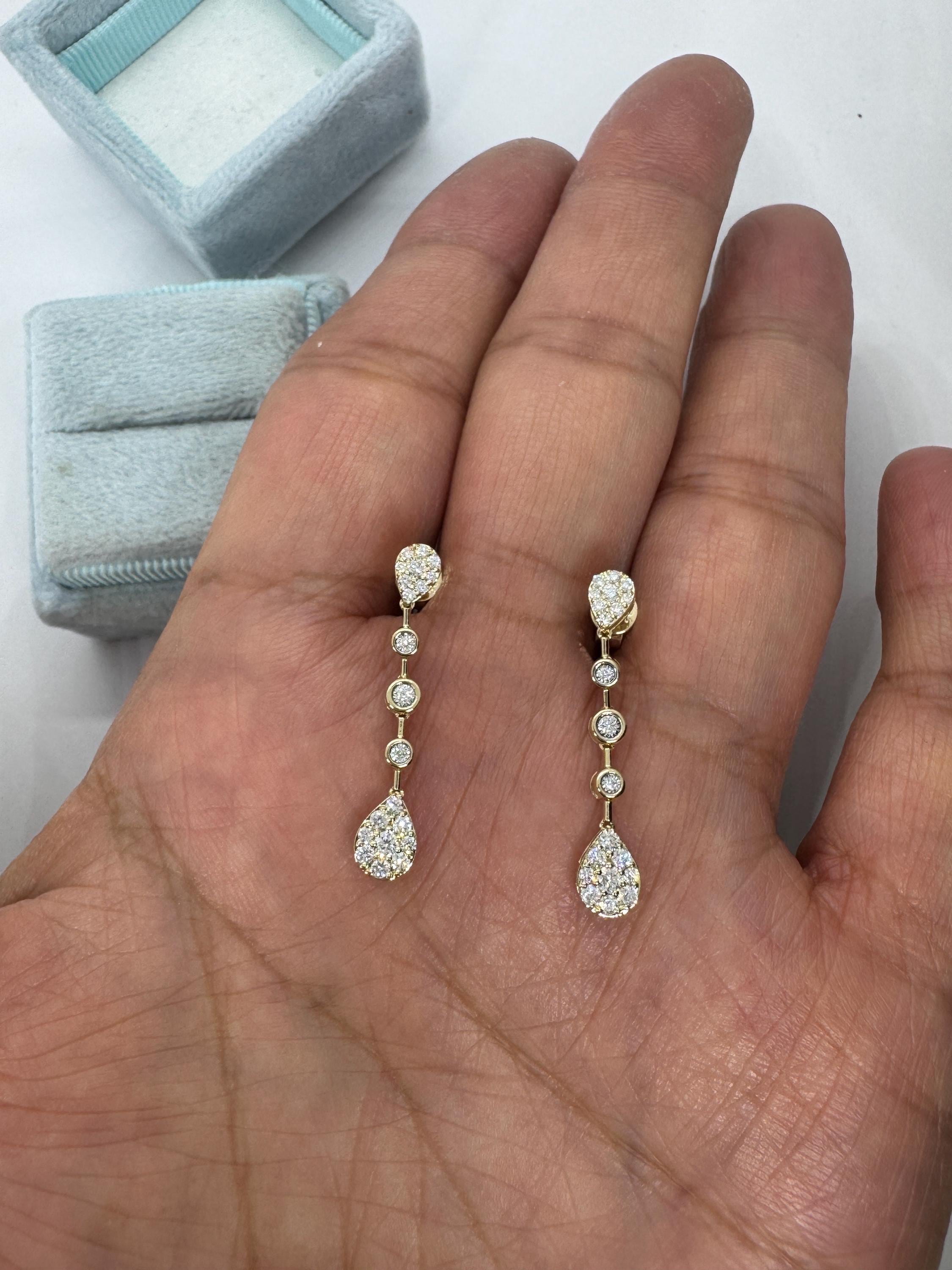 Linear Diamond Dangle Earrings, Dangling Pear Drop Diamond Earrings, 14K Yellow Gold Diamond Drop Earrings