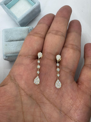 Linear Diamond Dangle Earrings, Dangling Pear Drop Diamond Earrings, 14K Yellow Gold Diamond Drop Earrings
