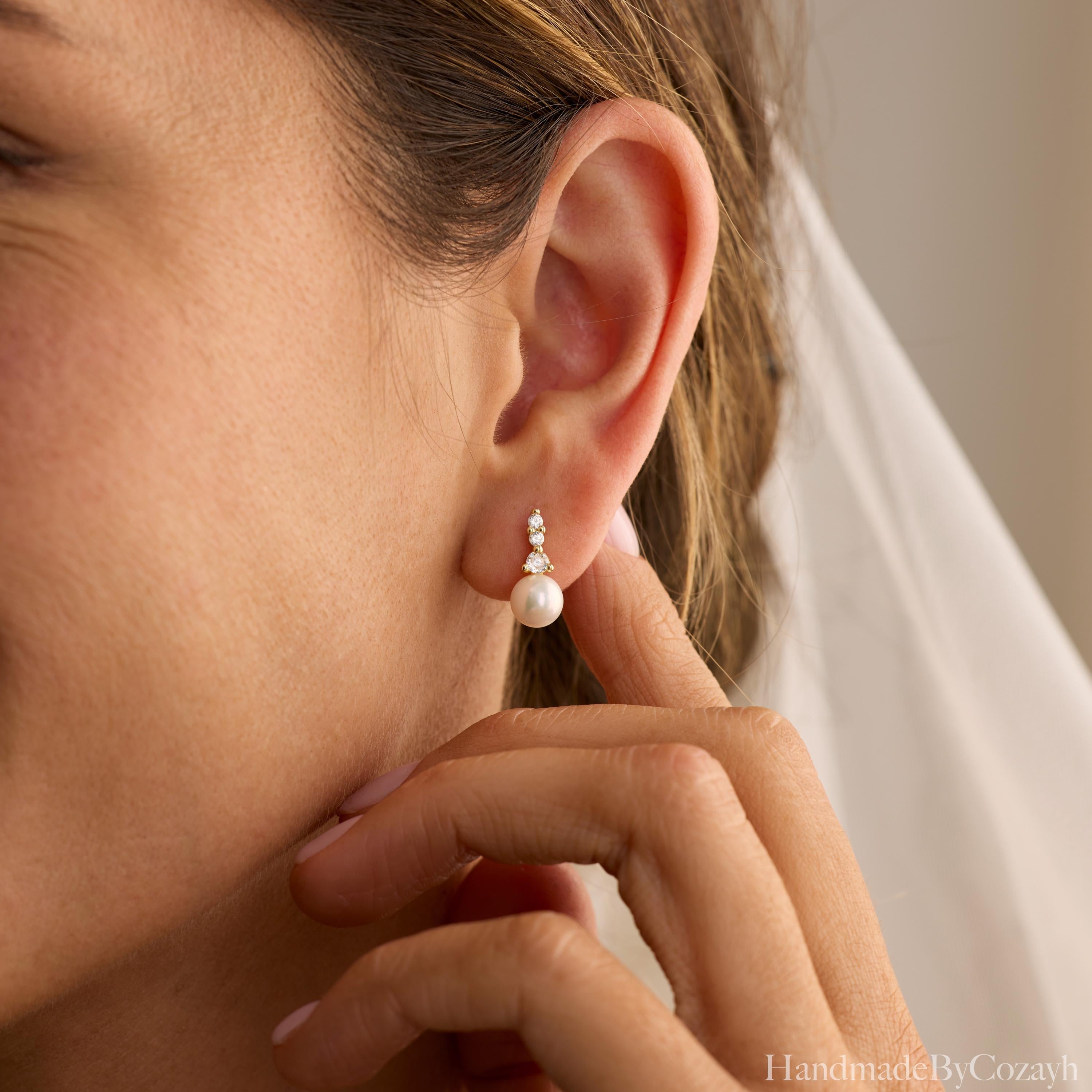 Minimalist CZ Diamond Pearl Earrings, Freshwater Pearl Earrings, Elegant Pearl Dangles, Wedding Pearl Jewelry, Bridesmaid Gift, Gift for Mom