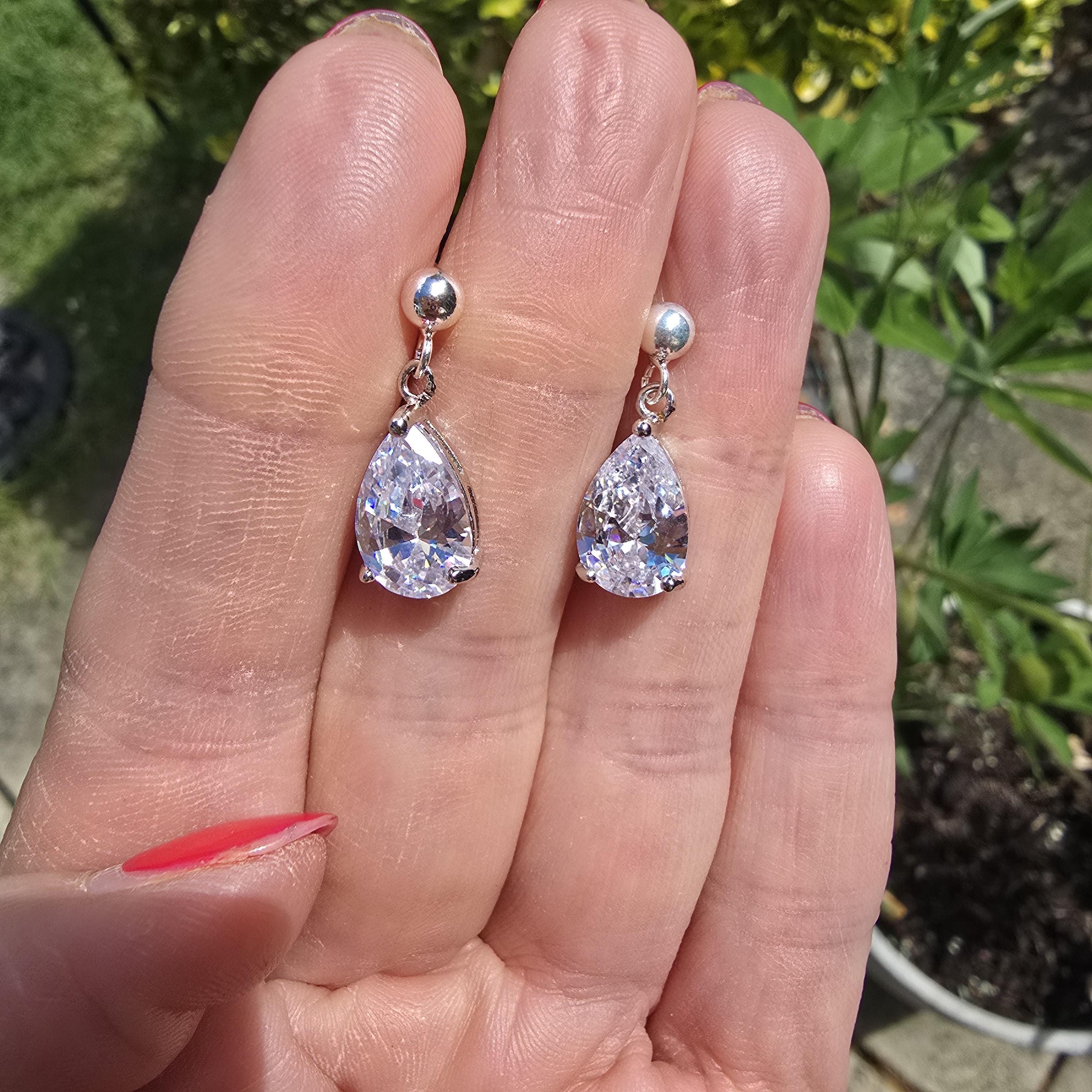 Small CZ Diamond Teardrop Earrings Sterling Silver Teardrop Wedding Earrings Dainty Crystal Drop Bridal Earrings Sparkly Prom Jewellery Gift