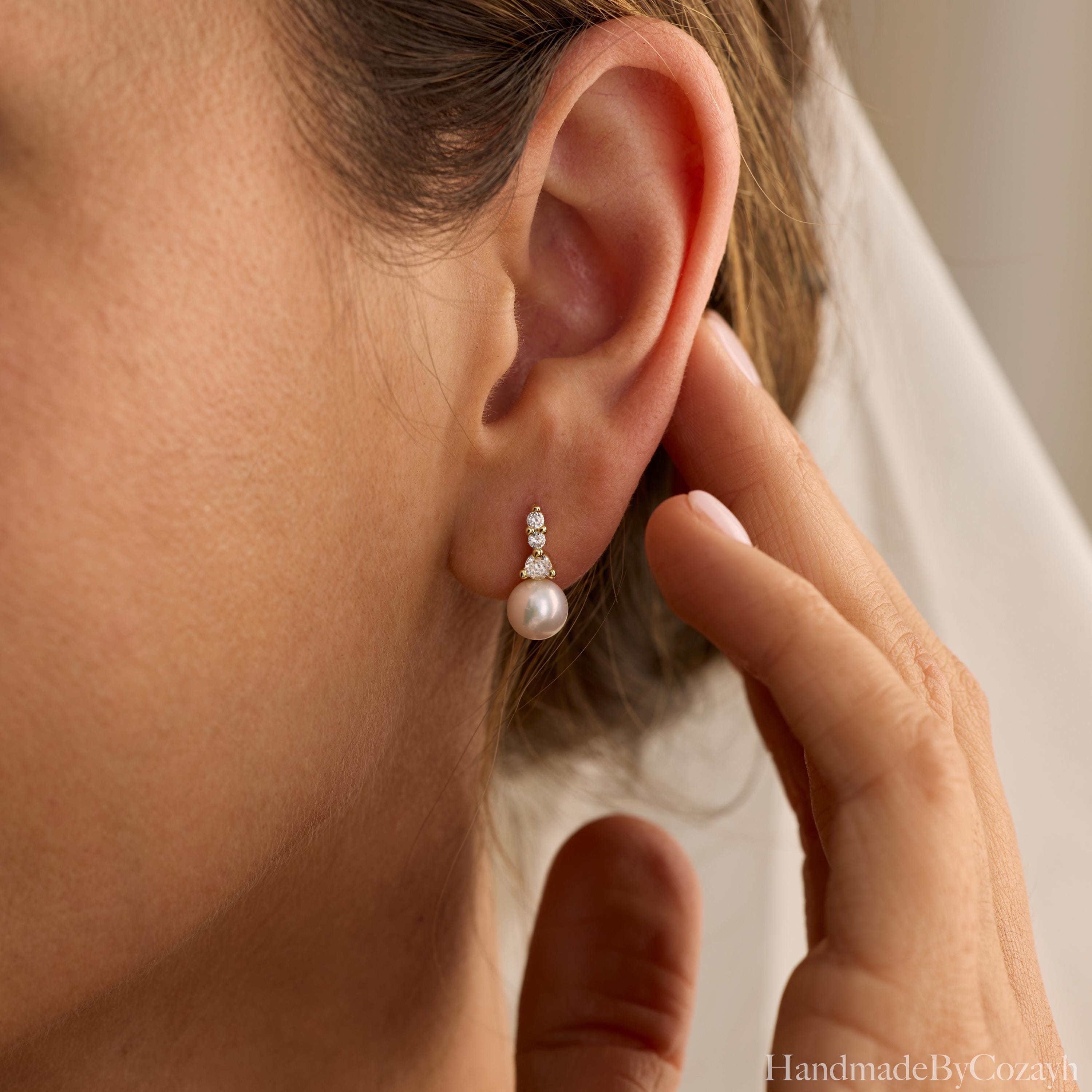 Minimalist CZ Diamond Pearl Earrings, Freshwater Pearl Earrings, Elegant Pearl Dangles, Wedding Pearl Jewelry, Bridesmaid Gift, Gift for Mom