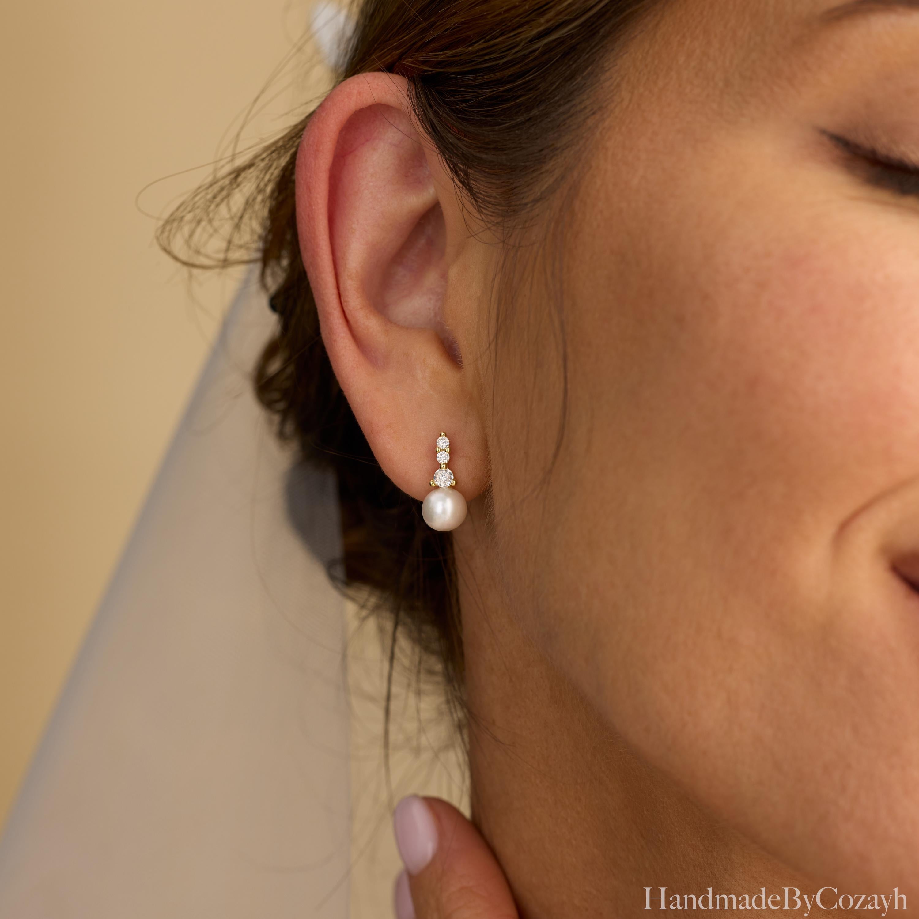 Minimalist CZ Diamond Pearl Earrings, Freshwater Pearl Earrings, Elegant Pearl Dangles, Wedding Pearl Jewelry, Bridesmaid Gift, Gift for Mom