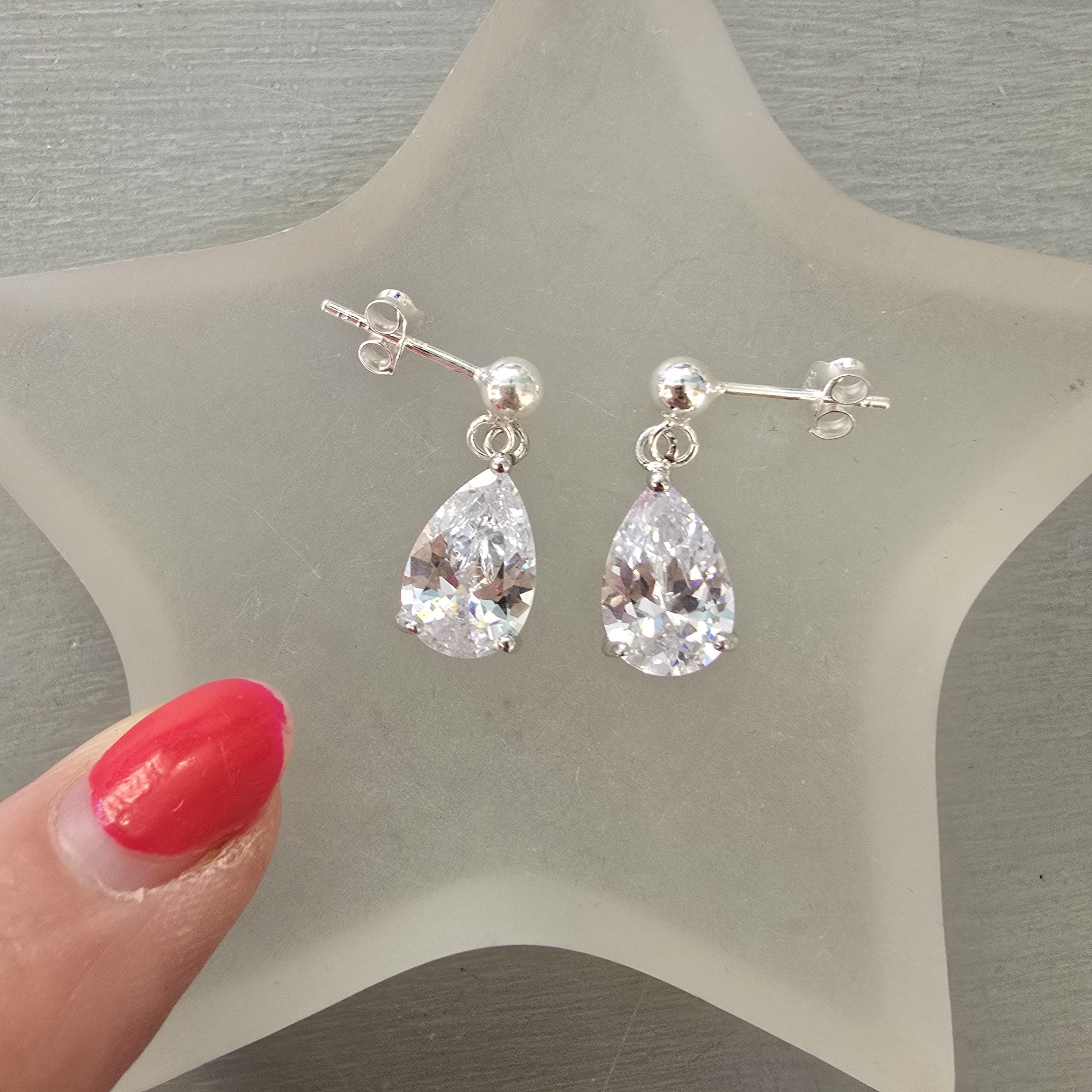 Small CZ Diamond Teardrop Earrings Sterling Silver Teardrop Wedding Earrings Dainty Crystal Drop Bridal Earrings Sparkly Prom Jewellery Gift