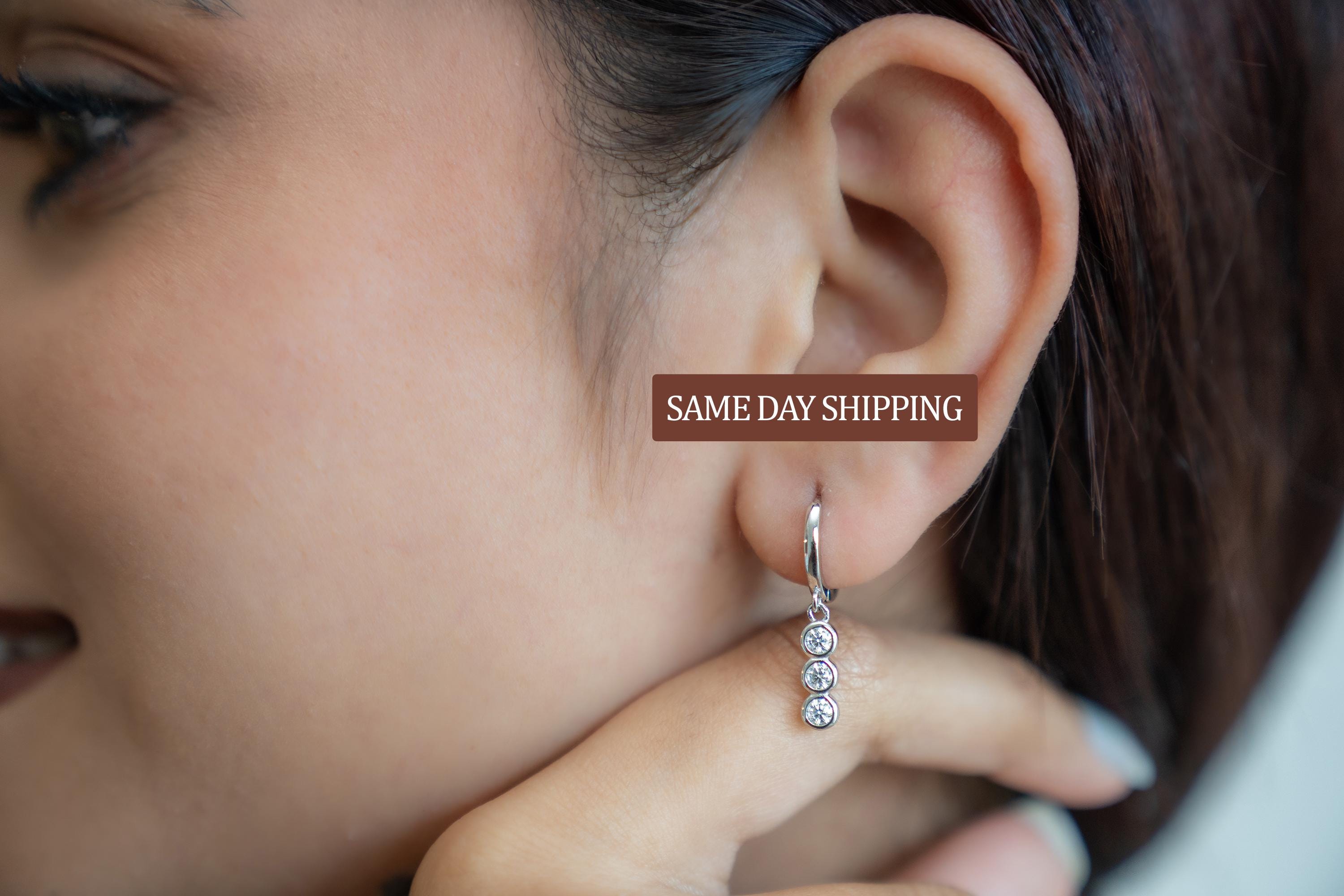 Moissanite Bezel Drop Earrings VVS1 3 Stone Bezel Set Earring Minimalist Everyday Dangly Moissanite Jewelry Minimalist Dainty Earrings