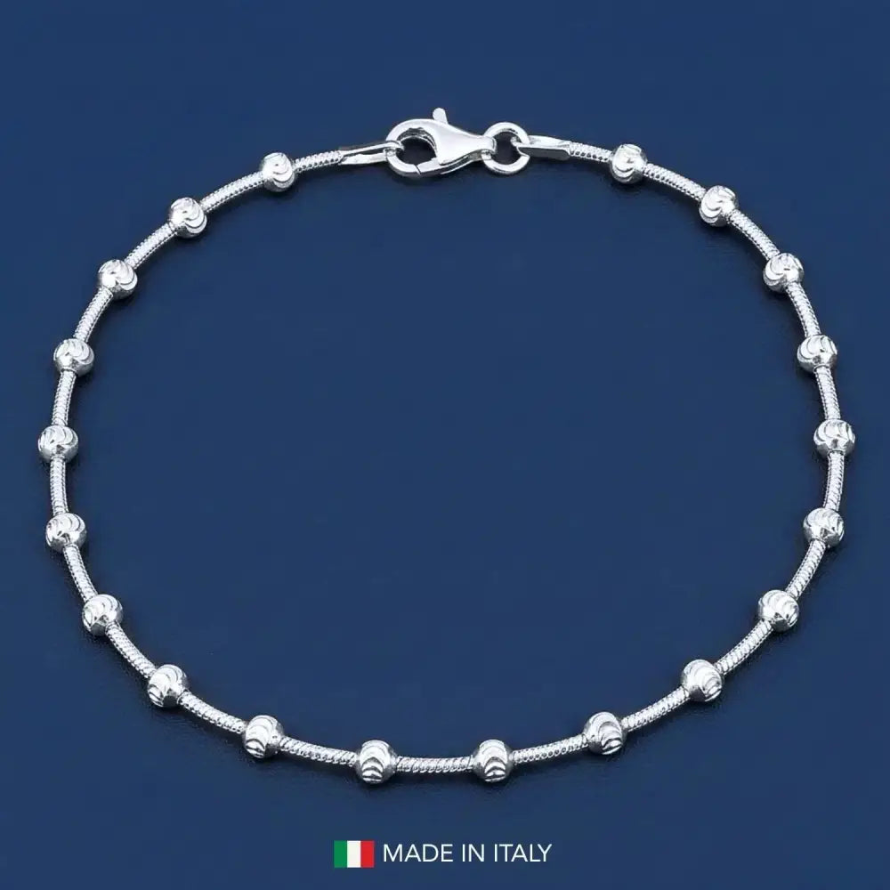 Illuminate Your Style with a 925 Sterling Silver Diamond Cut Moon Beaded Ball Station Bracelet - Italian Craftsmanship, 7-7.5 Inch.