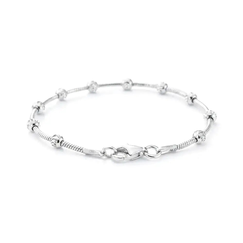 Illuminate Your Style with a 925 Sterling Silver Diamond Cut Moon Beaded Ball Station Bracelet - Italian Craftsmanship, 7-7.5 Inch.