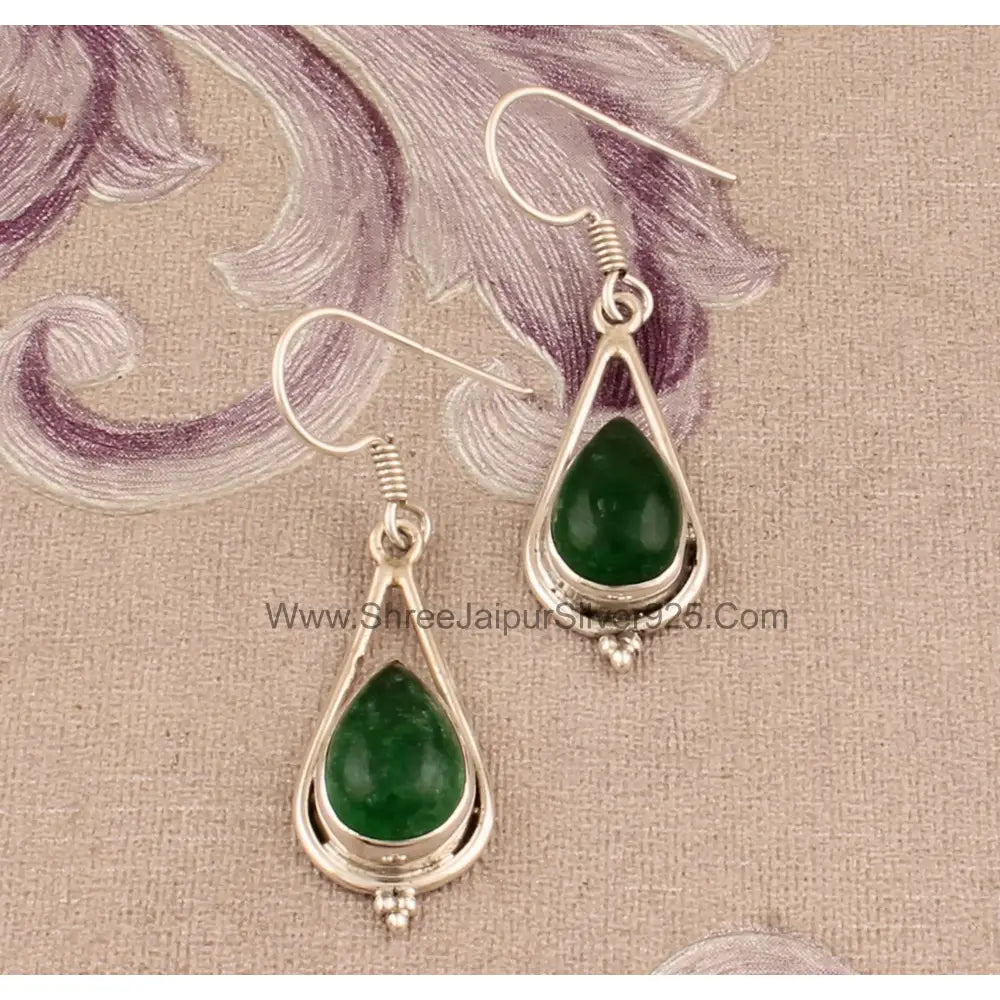 Jade Pear Stone 925 Sterling Silver Earrings, Handmade Designer Jewelry
