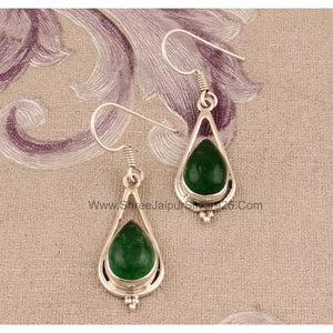 Jade Pear Stone 925 Sterling Silver Earrings, Handmade Designer Jewelry