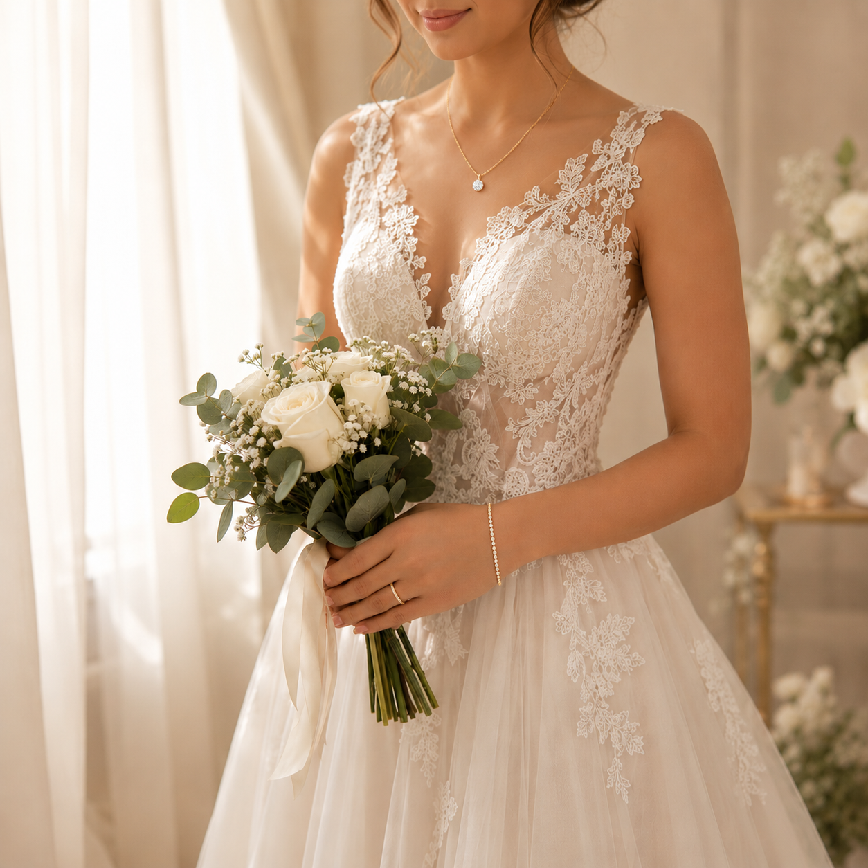 A bride wearing a white lace wedding dress with a deep V-neckline and sheer lace straps, holding a bouquet of white roses and green eucalyptus. She is wearing a delicate gold necklace and bracelet in a softly lit indoor setting with warm cream curtains and floral decor.