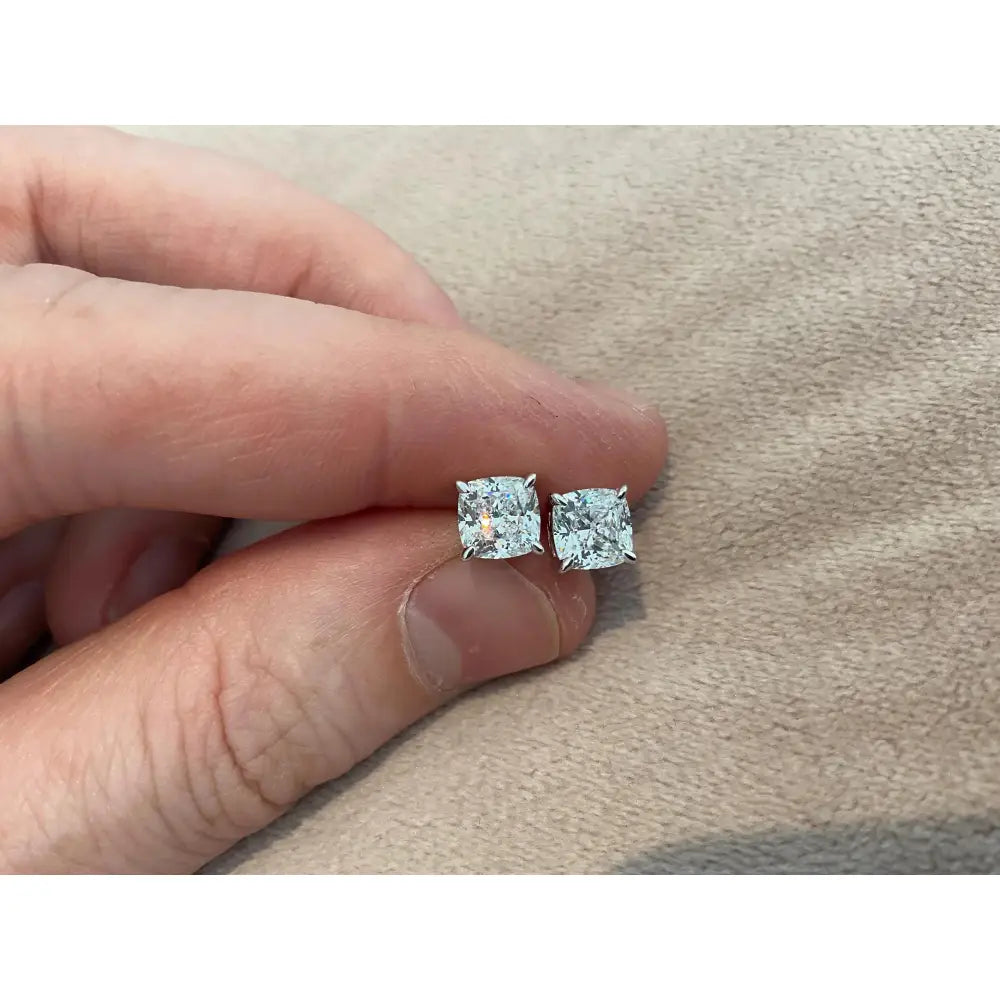 Lab Diamond 2.0 Carat Cushion Cut Stud Earrings: Platinum Plated Sterling Silver