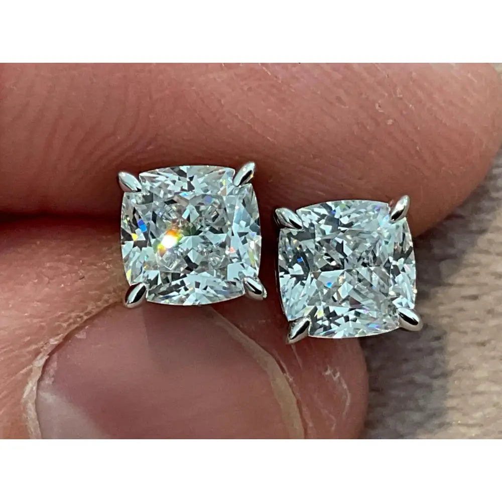 Lab Diamond 2.0 Carat Cushion Cut Stud Earrings: Platinum Plated Sterling Silver